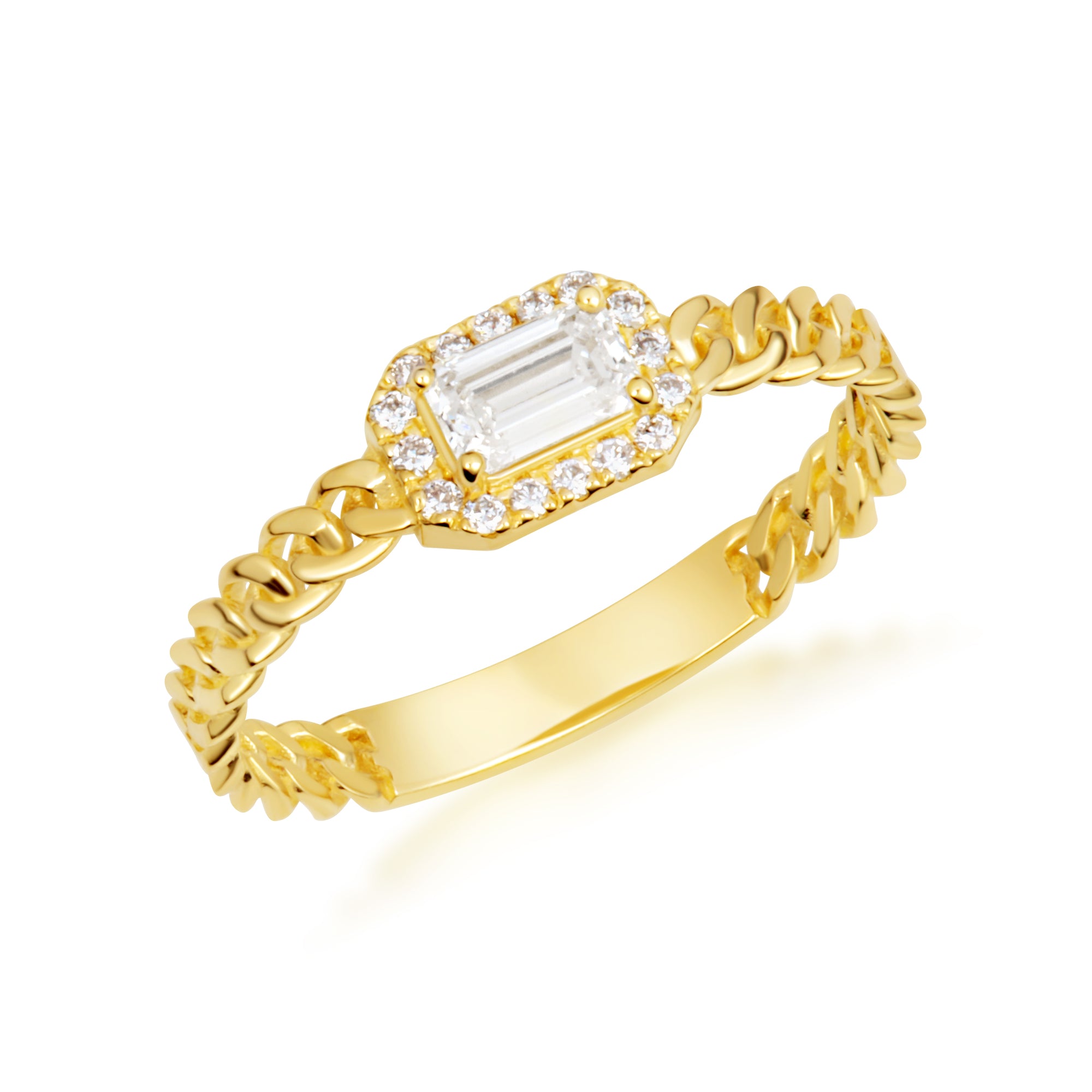 Gold Emerald Cut Lab-Grown Diamond Halo Cuban Chain Link Ring, view 6