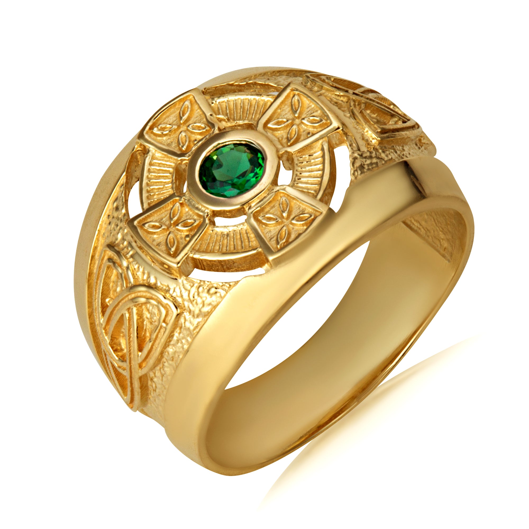 Gold Emerald CZ Celtic Cross Men's Ring