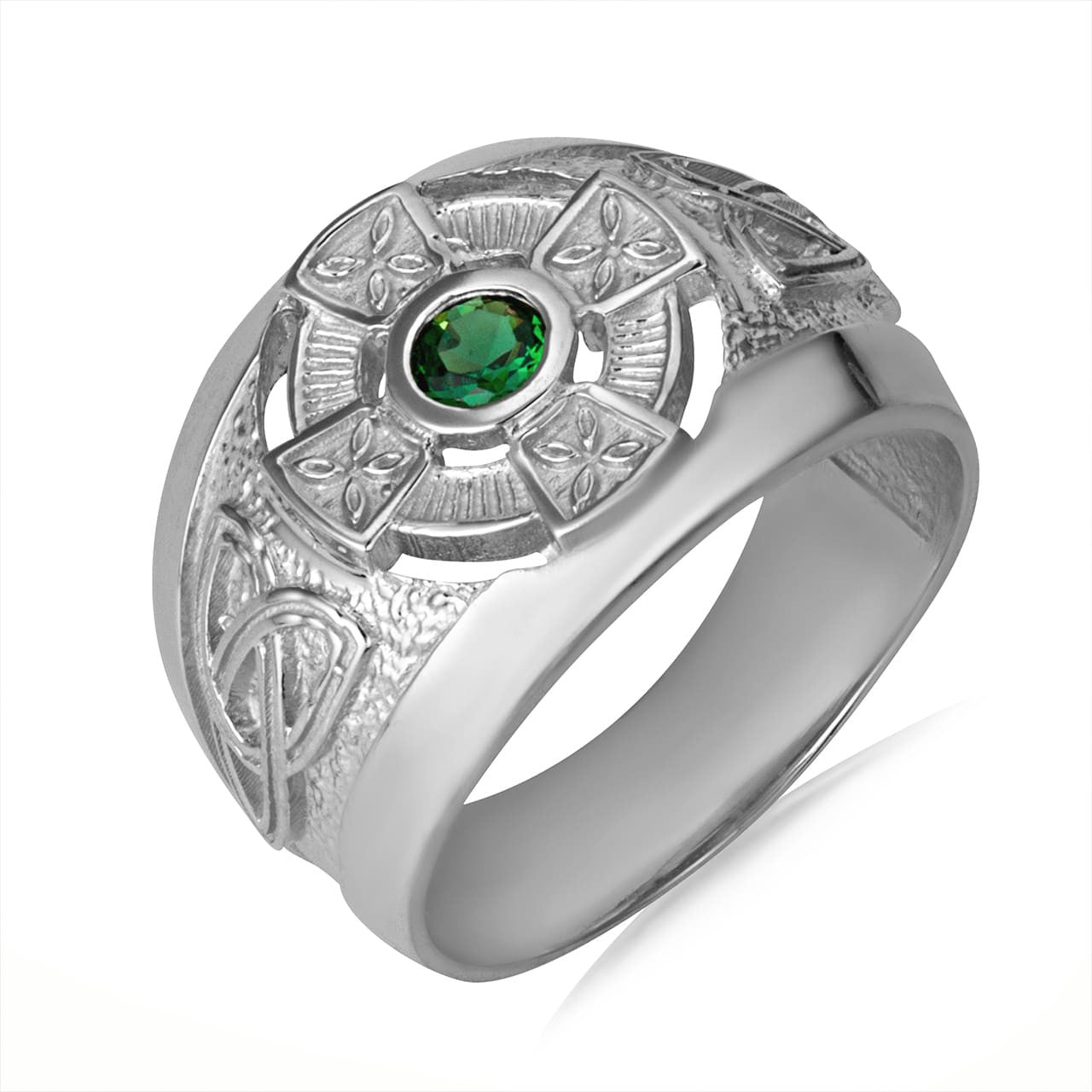 Gold Emerald CZ Celtic Cross Men's Ring, view 3