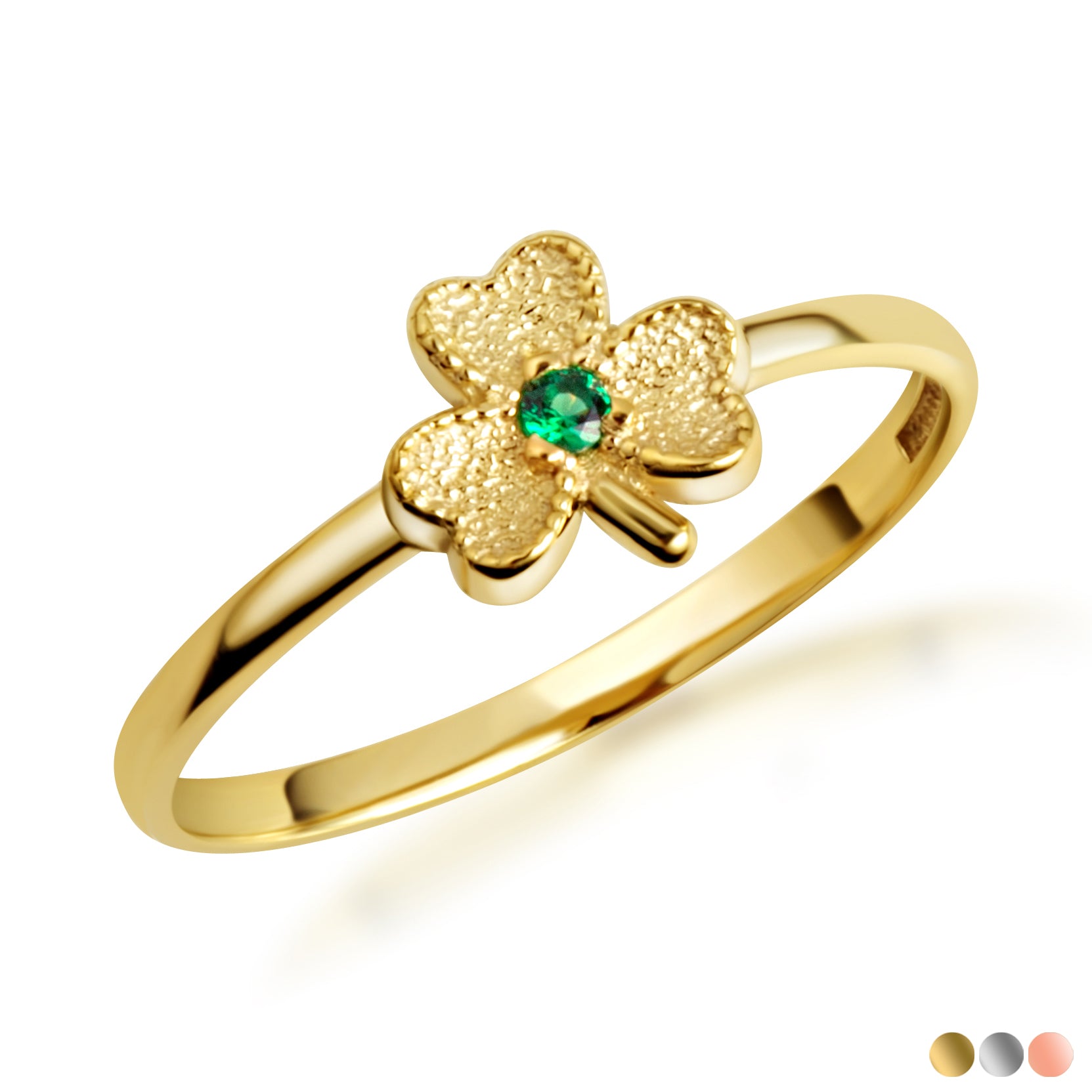 Gold Emerald Lucky 3 Leaf Clover Heart Ring