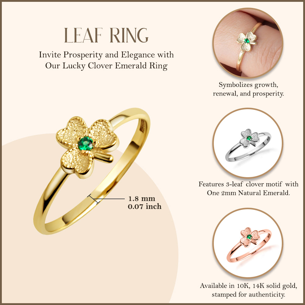 Gold Emerald Lucky 3 Leaf Clover Heart Ring, view 3