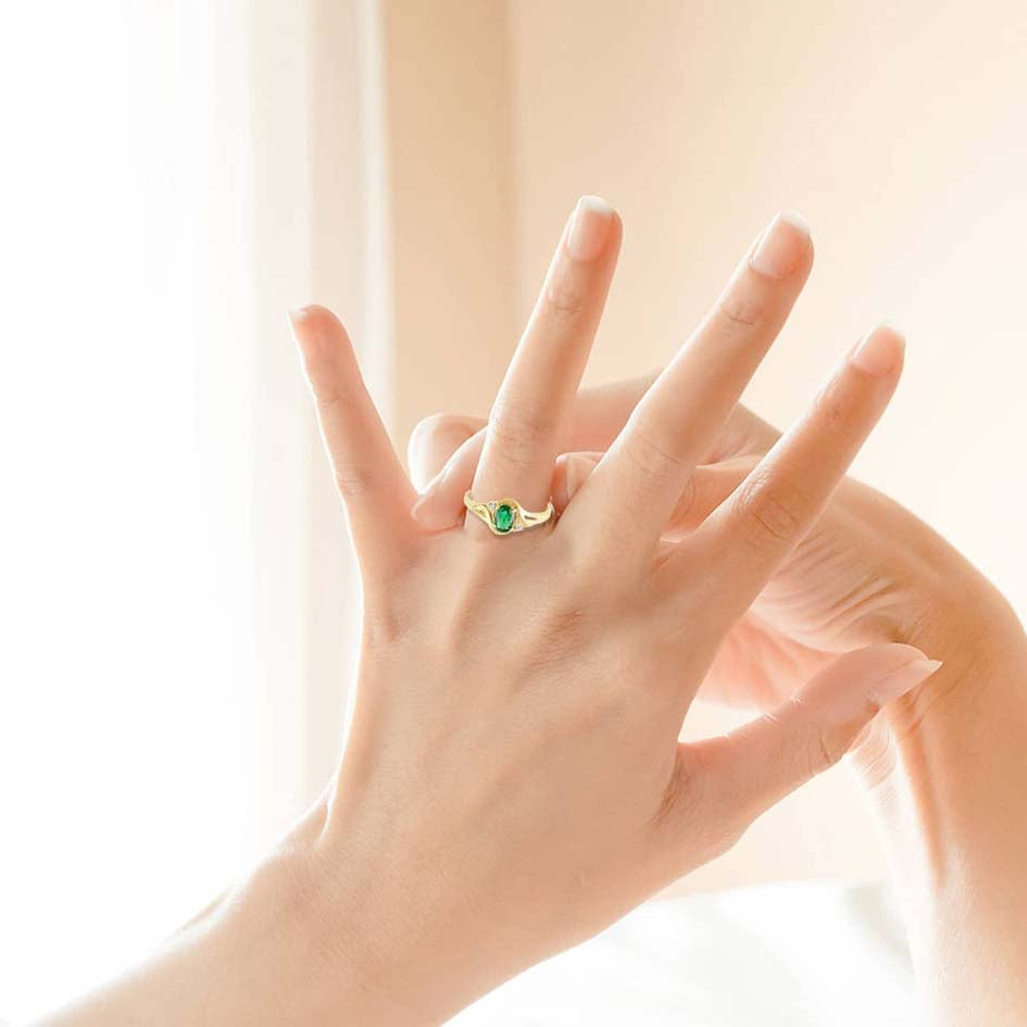 Gold Emerald Oval Cut Gemstone & CZ Women's Ring, view 2