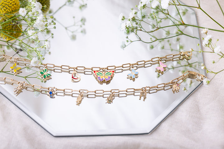 Gold Enamel Butterfly Heart Charm Paperclip Chain Link Bracelet, view 3