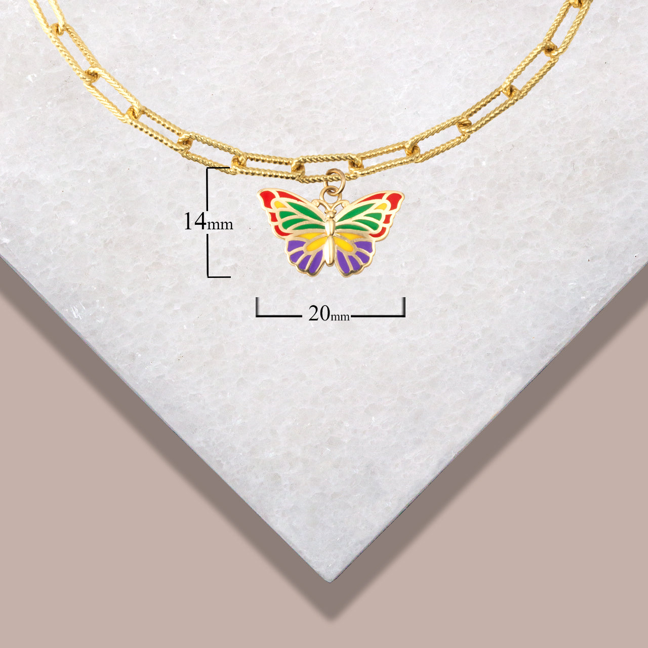 Gold Enamel Butterfly Heart Charm Paperclip Chain Link Bracelet, view 4