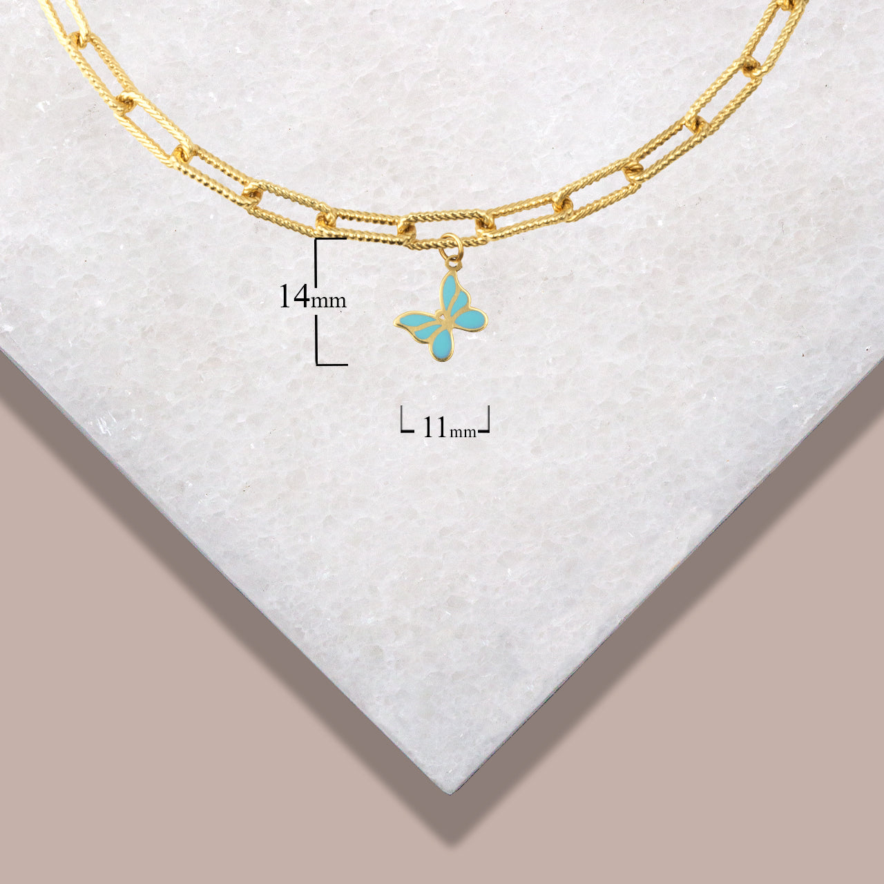 Gold Enamel Butterfly Heart Charm Paperclip Chain Link Bracelet, view 5