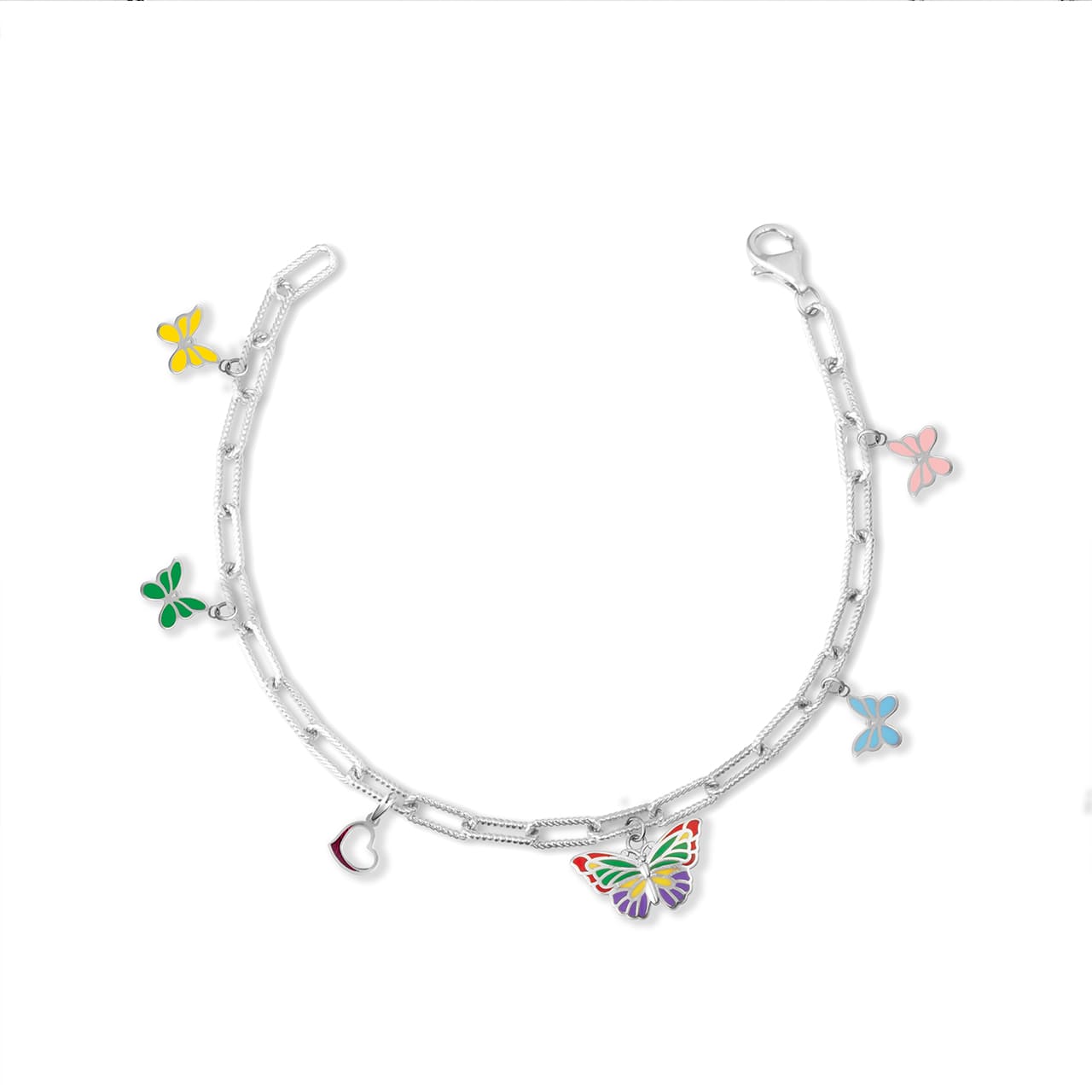 Gold Enamel Butterfly Heart Charm Paperclip Chain Link Bracelet, view 7
