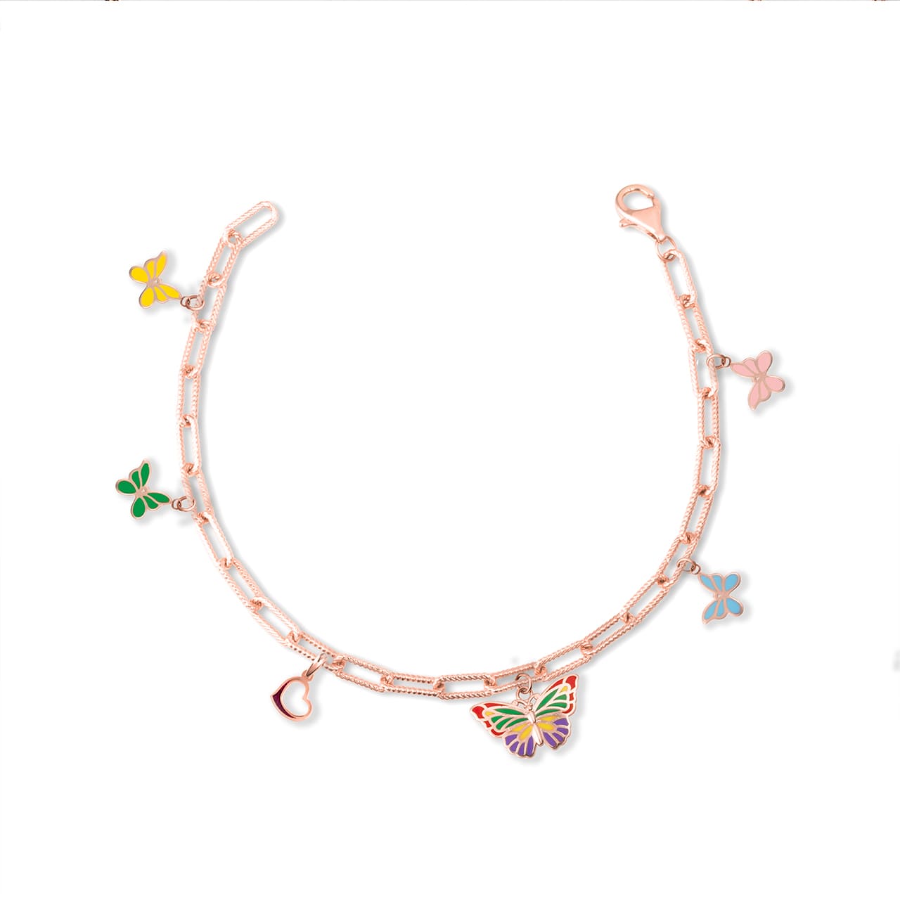 Gold Enamel Butterfly Heart Charm Paperclip Chain Link Bracelet, view 8