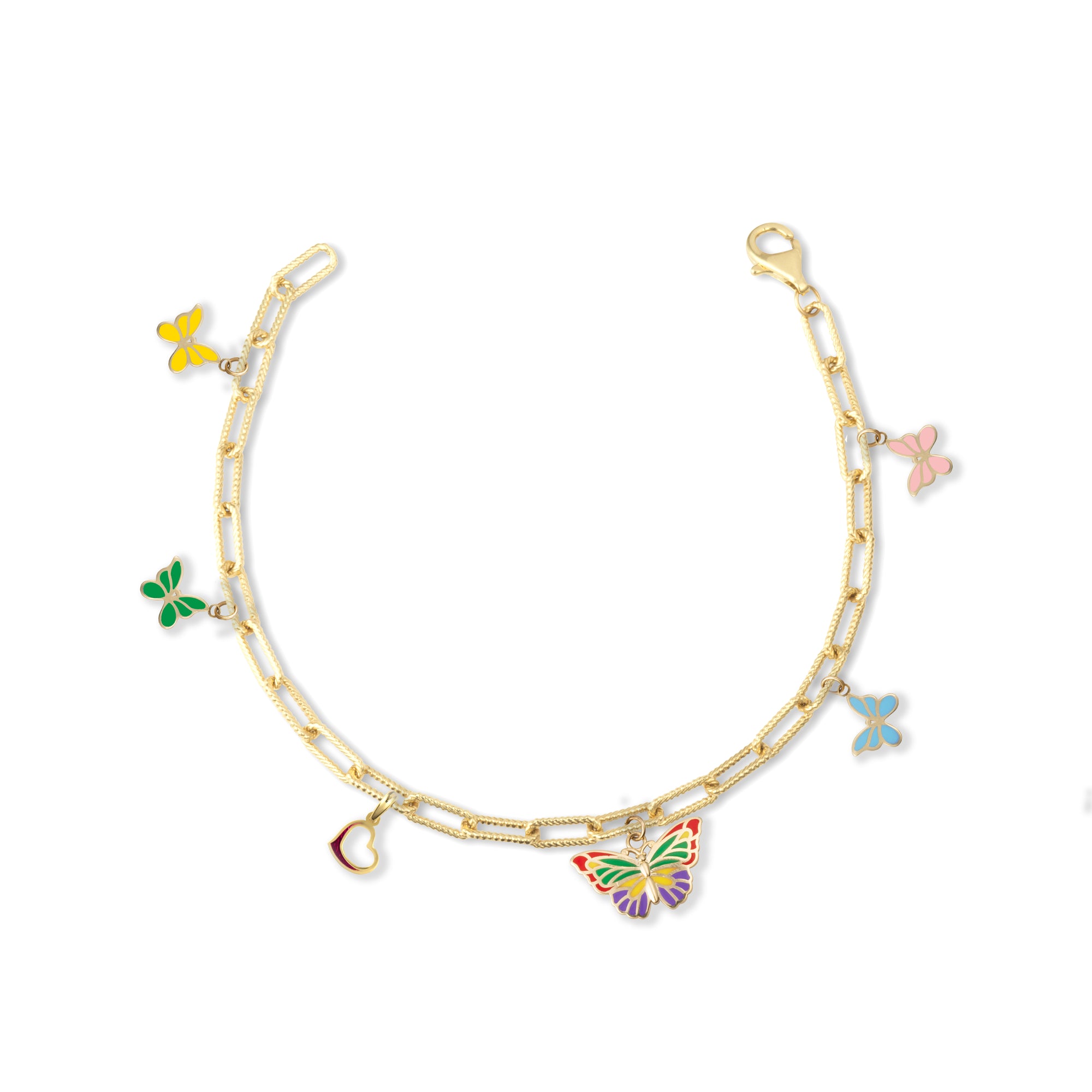 Gold Enamel Butterfly Heart Charm Paperclip Chain Link Bracelet, view 9
