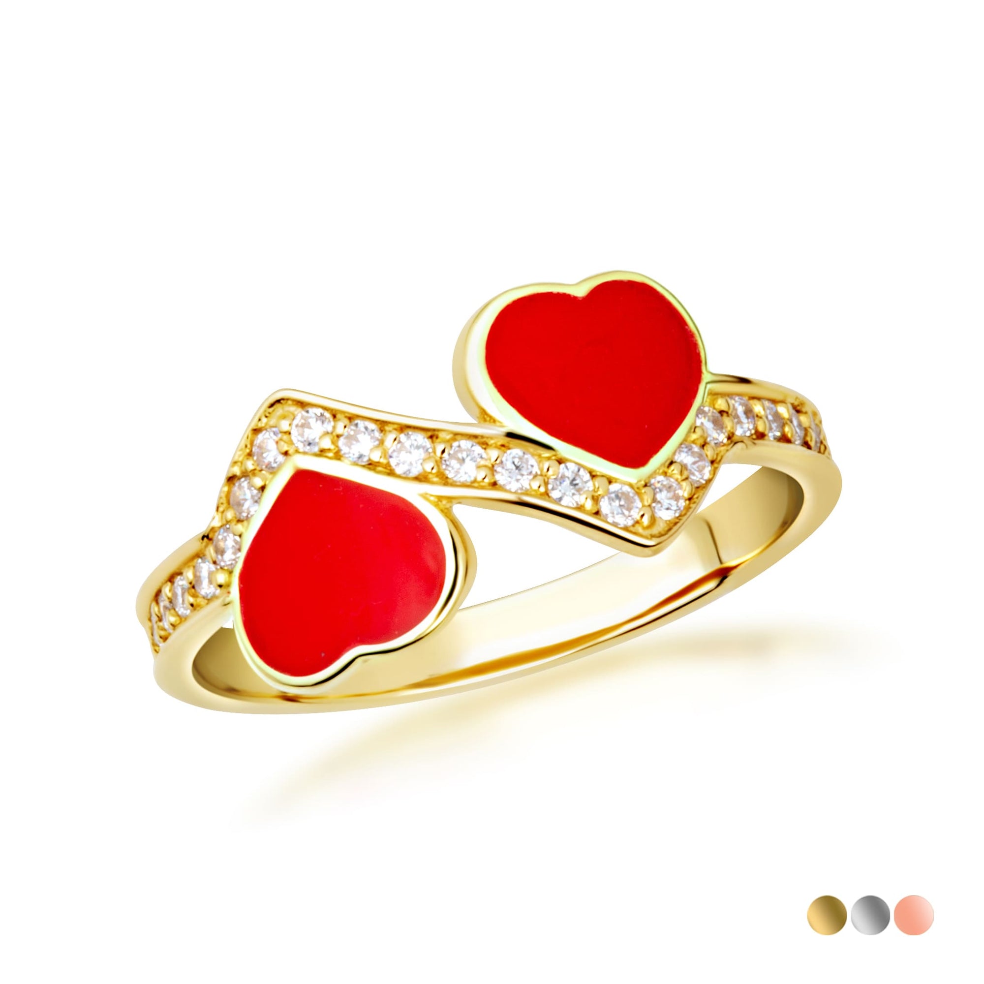 Gold Enamel Heart Cubic Zirconia Band Ring