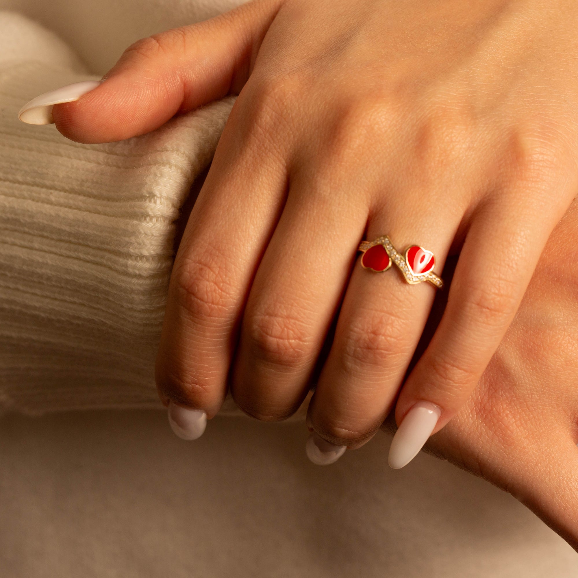 Gold Enamel Heart Cubic Zirconia Band Ring, view 2