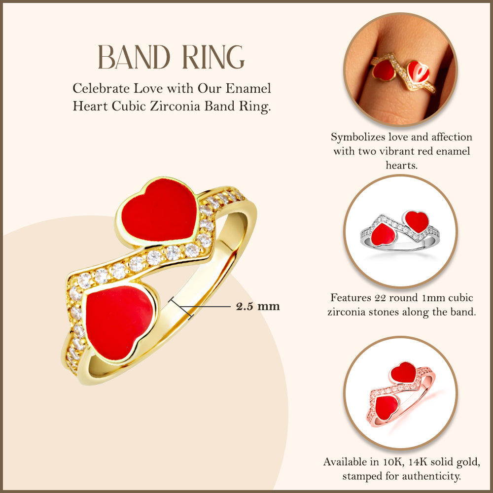 Gold Enamel Heart Cubic Zirconia Band Ring, view 3