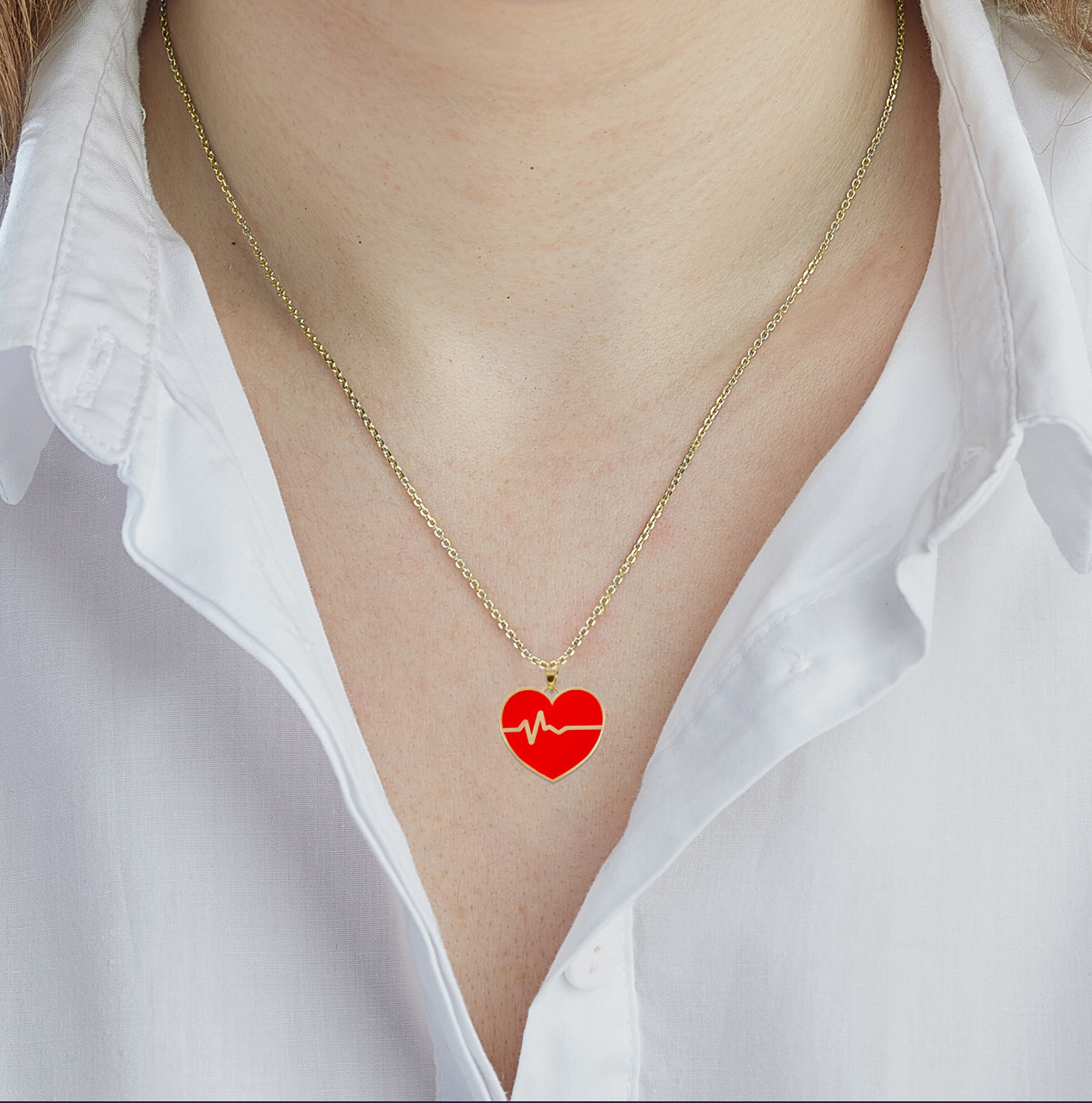 Gold Enamel Heartbeat EKG Pulse Pendant Necklace, view 2