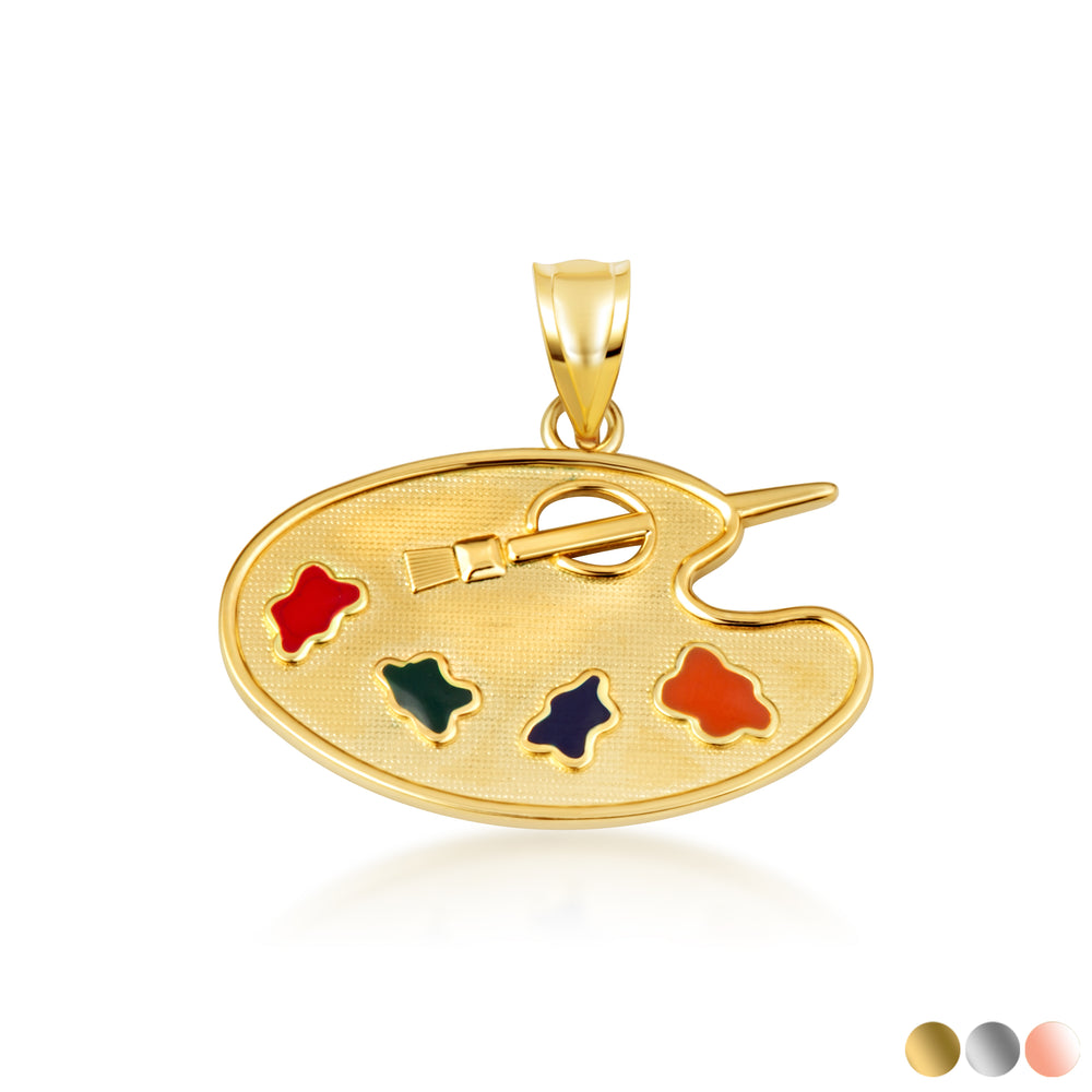 Gold Enamel Palette Paint Brush Artist Pendant Necklace