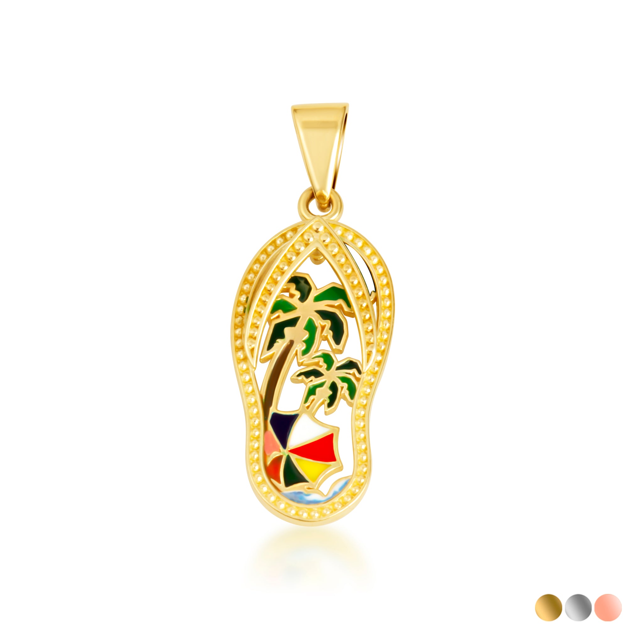 Gold Enamel Palm Tree Sandals Beach Flip-Flops Milgrain Pendant Necklace