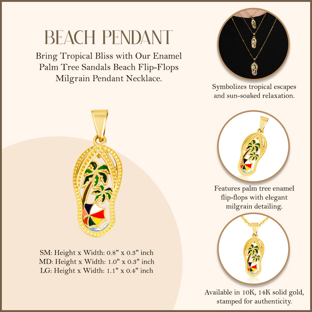 Gold Enamel Palm Tree Sandals Beach Flip-Flops Milgrain Pendant Necklace, view 3