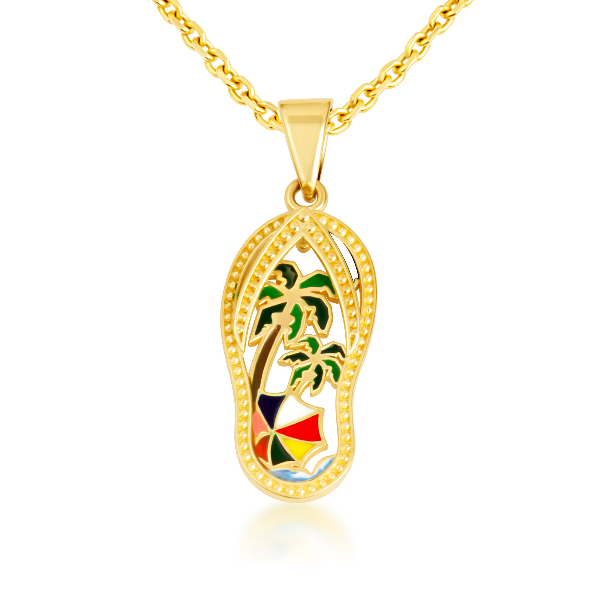Gold Enamel Palm Tree Sandals Beach Flip-Flops Milgrain Pendant Necklace, view 4
