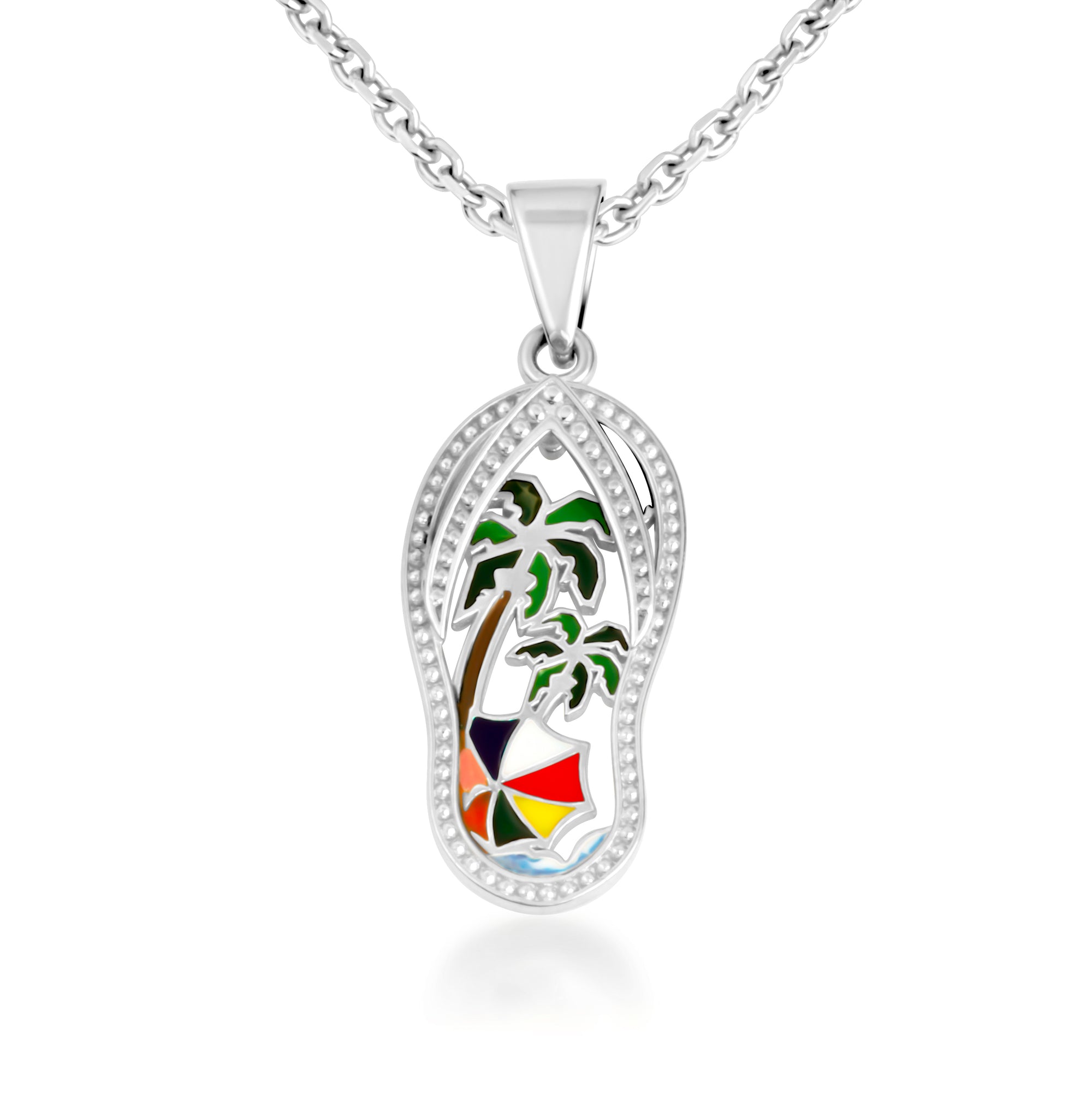 Gold Enamel Palm Tree Sandals Beach Flip-Flops Milgrain Pendant Necklace, view 6