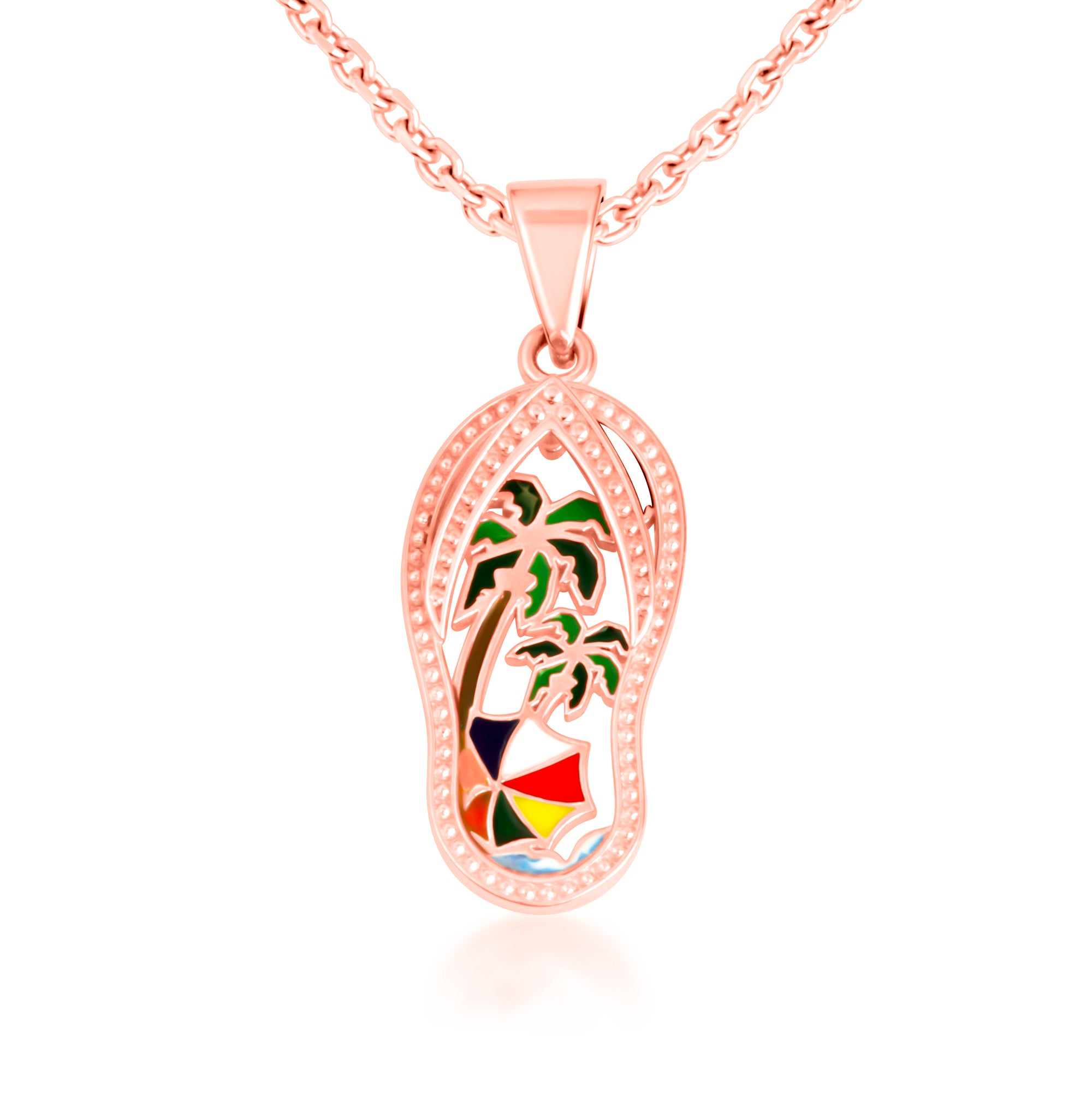 Gold Enamel Palm Tree Sandals Beach Flip-Flops Milgrain Pendant Necklace, view 8