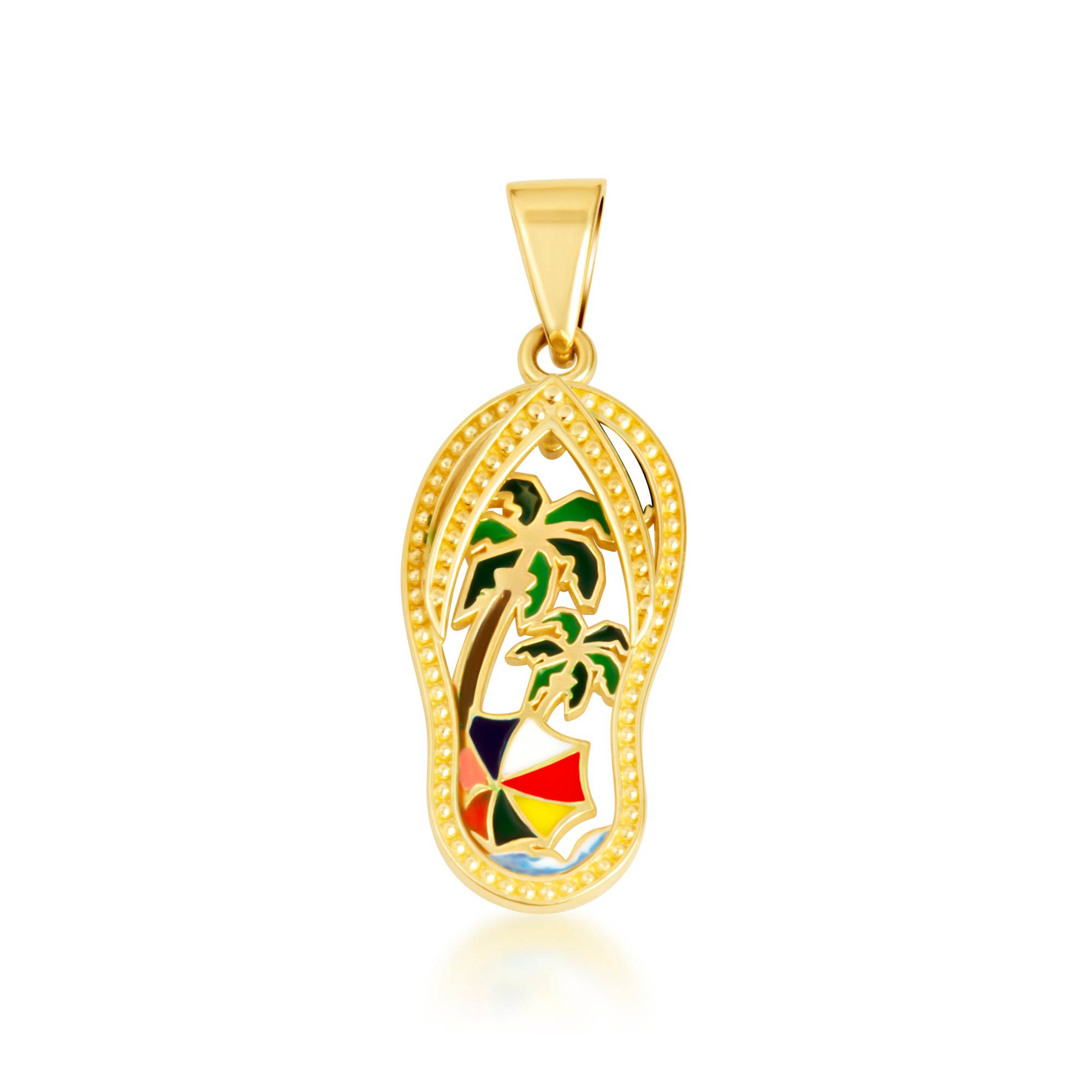 Gold Enamel Palm Tree Sandals Beach Flip-Flops Milgrain Pendant Necklace, view 9