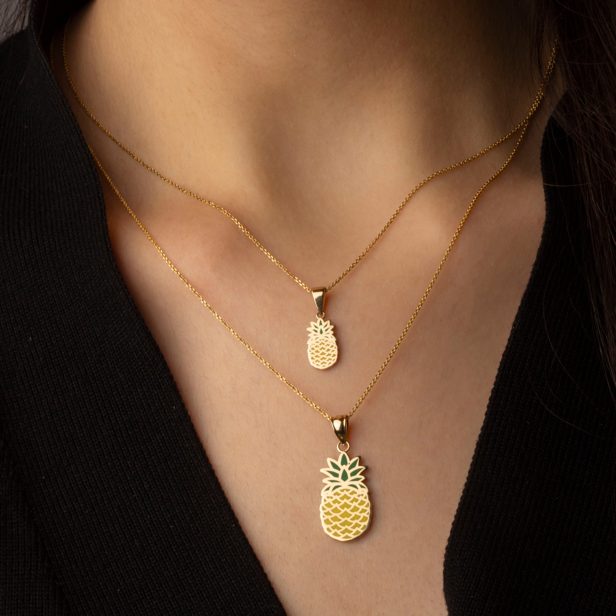Gold Enamel Pineapple Fruit Pendant Necklace, view 2