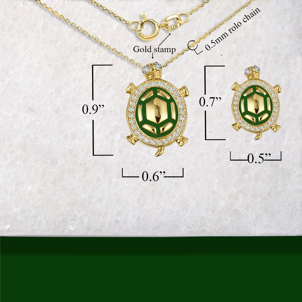 Gold Enamel Sea Turtle Cubic Zirconia Studded Pendant Necklace, view 3