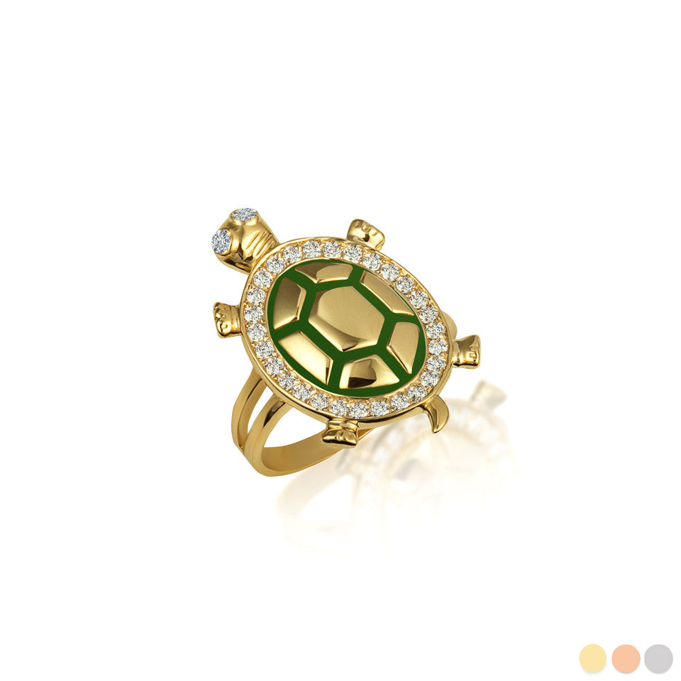Gold Enamel Sea Turtle Cubic Zirconia Studded Ring 1.5 mm