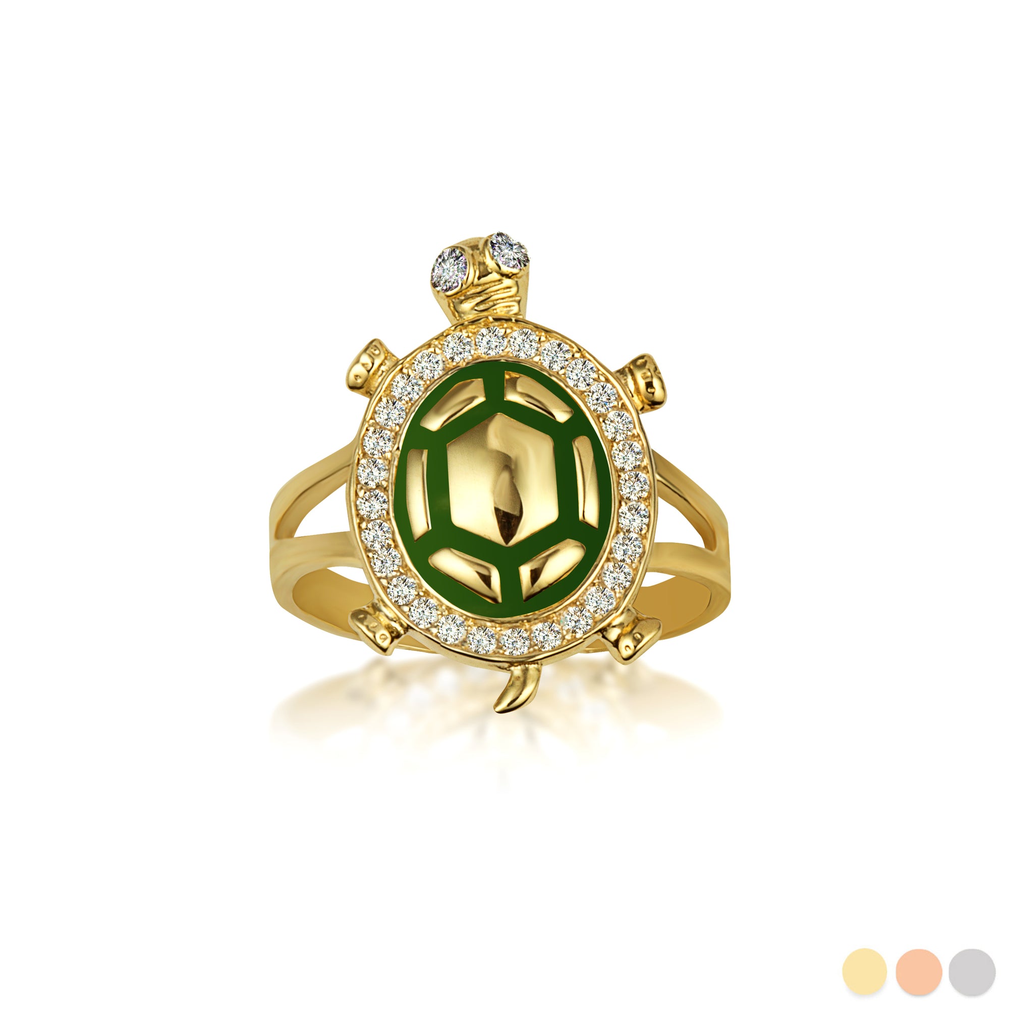 Gold Enamel Sea Turtle Cubic Zirconia Studded Ring 1 mm