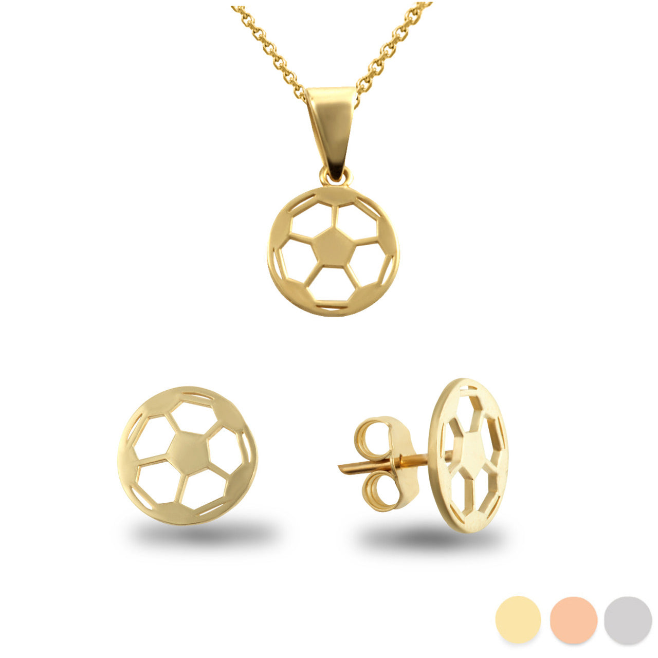 Gold Enamel Soccer Ball Sports Pendant Necklace Stud Earrings Set