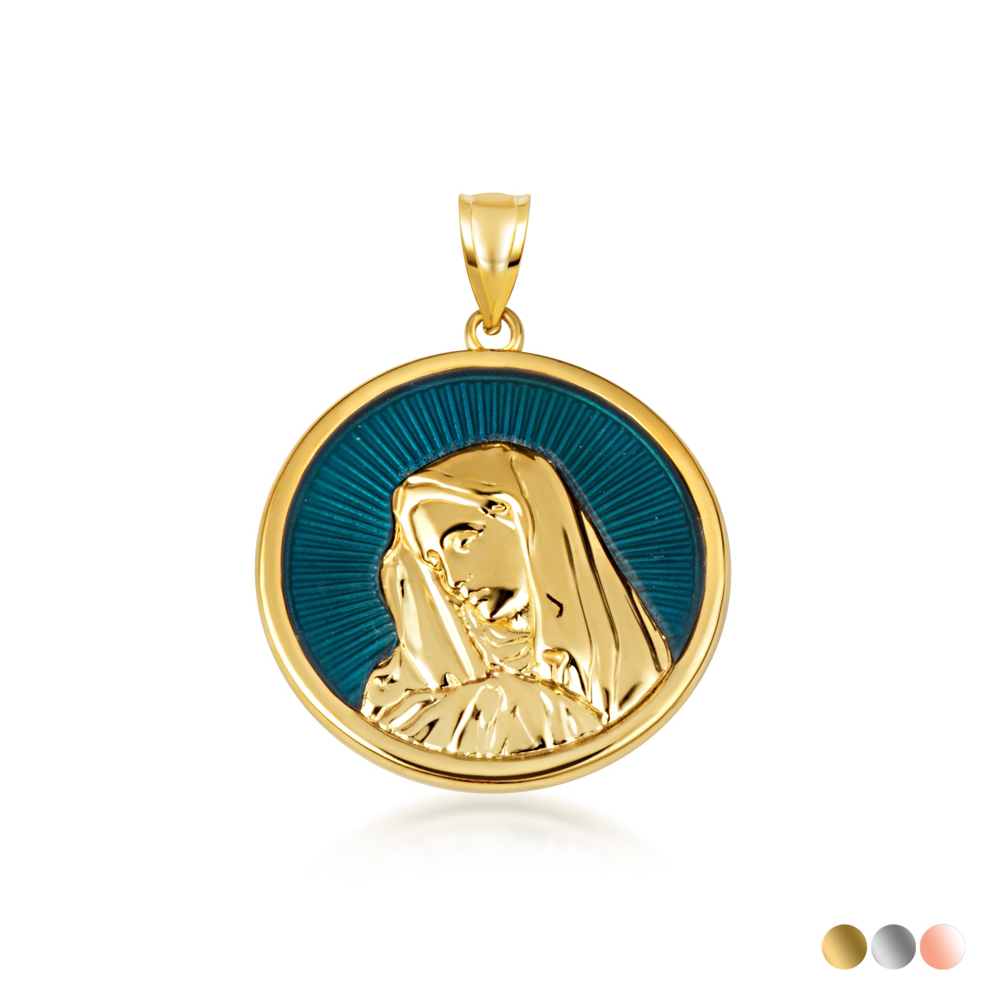 Gold Enamel Virgin Mother Mary Medallion Pendant Necklace