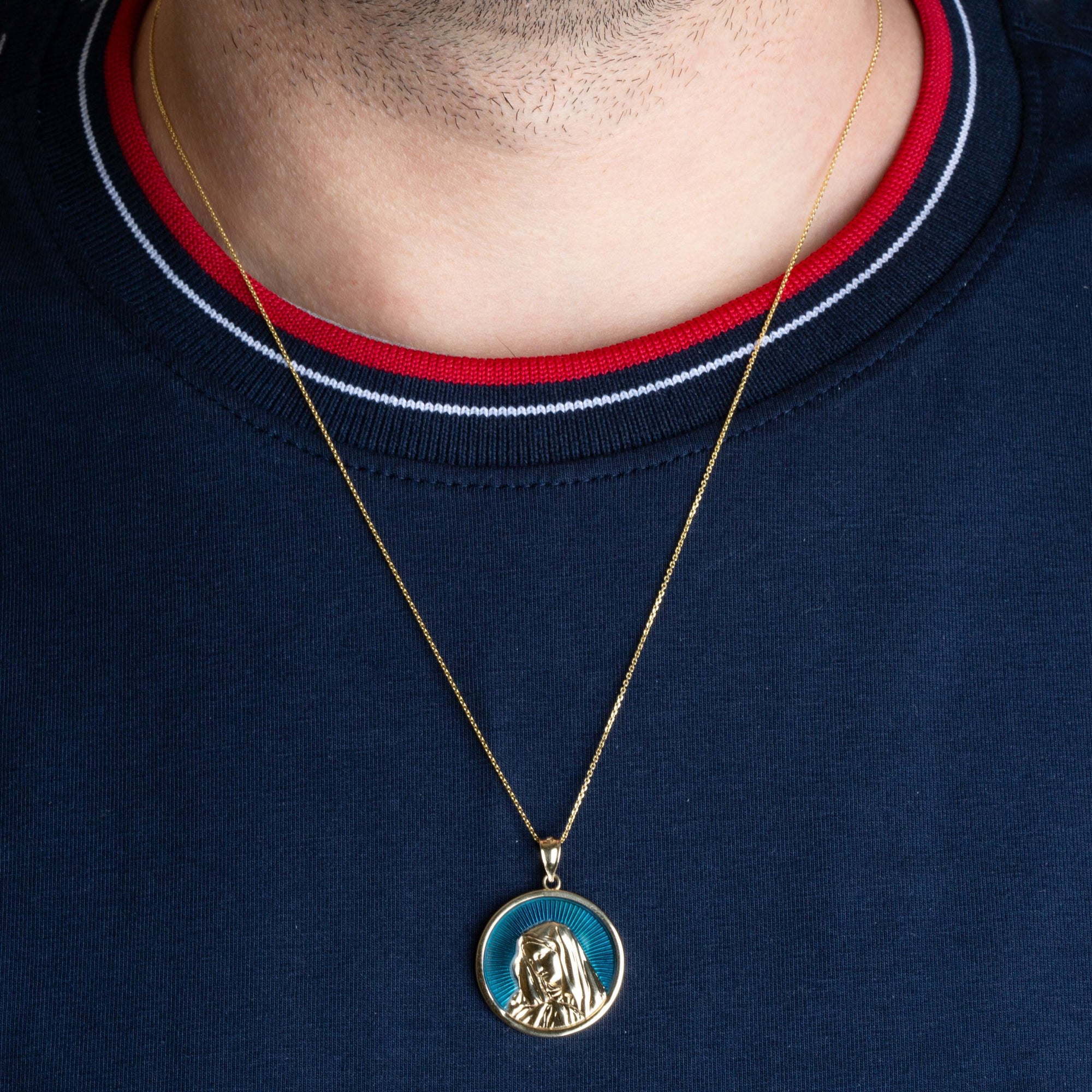 Gold Enamel Virgin Mother Mary Medallion Pendant Necklace, view 2