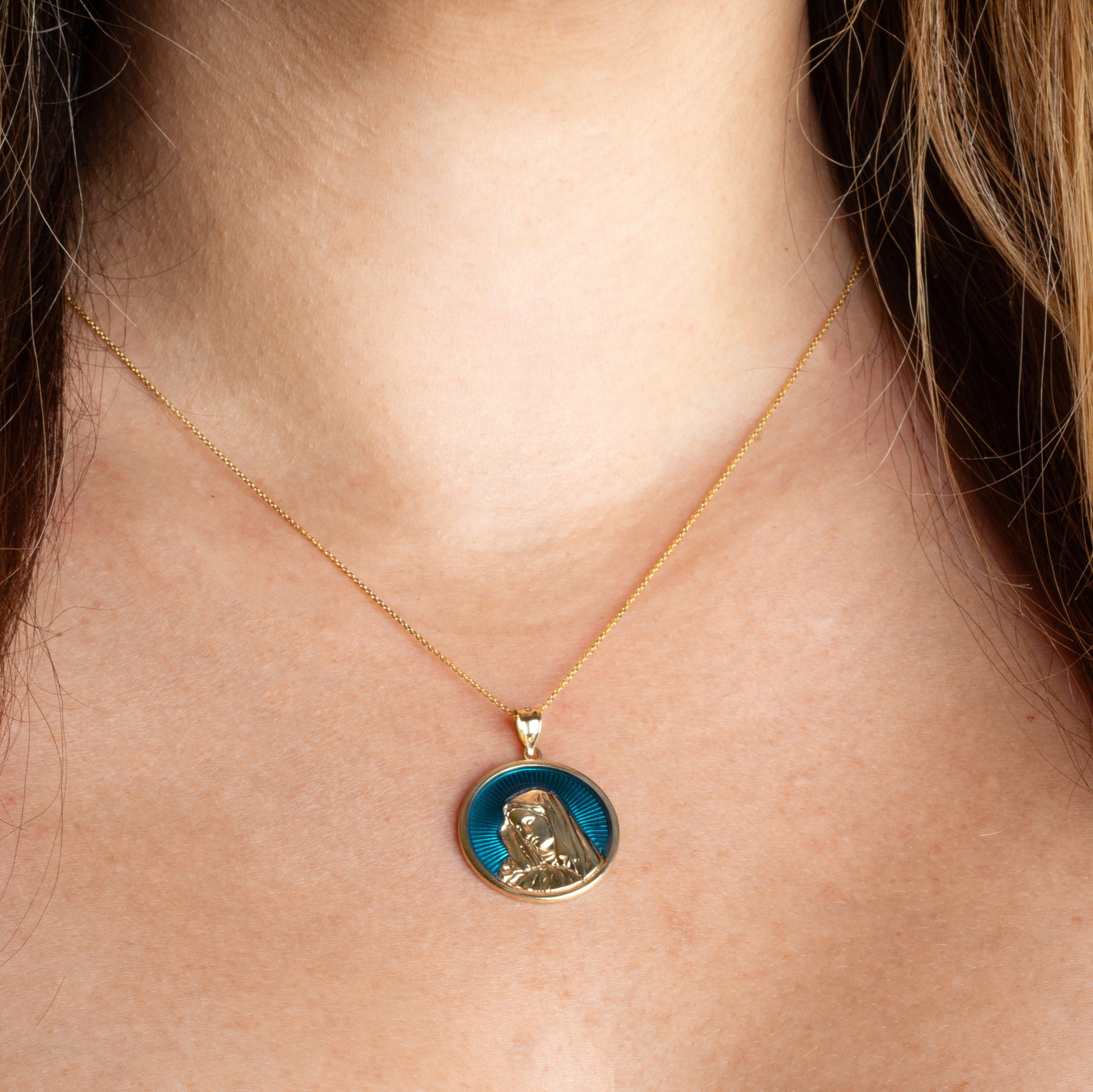 Gold Enamel Virgin Mother Mary Medallion Pendant Necklace, view 3