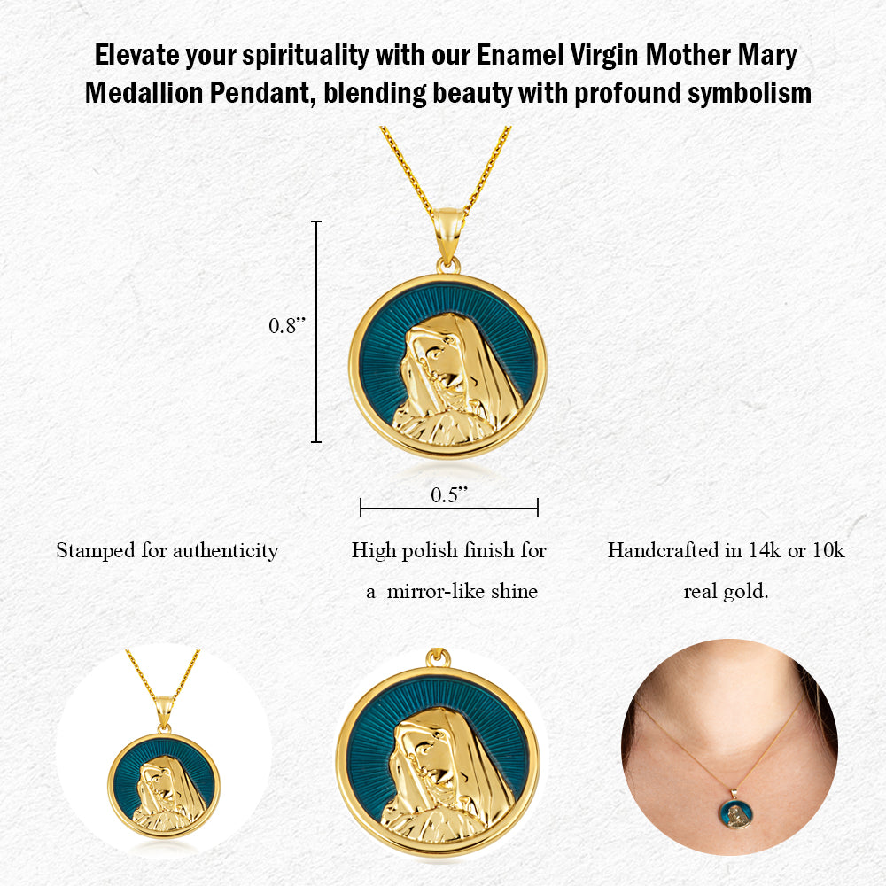 Gold Enamel Virgin Mother Mary Medallion Pendant Necklace, view 4