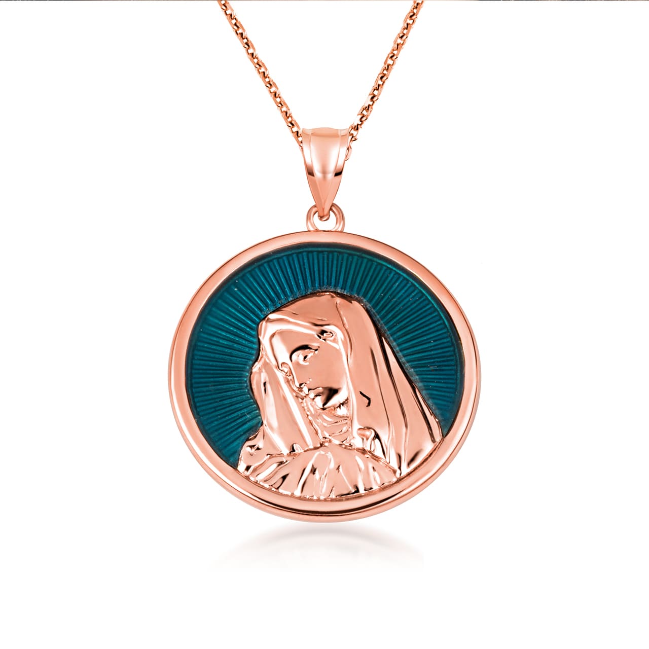 Gold Enamel Virgin Mother Mary Medallion Pendant Necklace, view 7