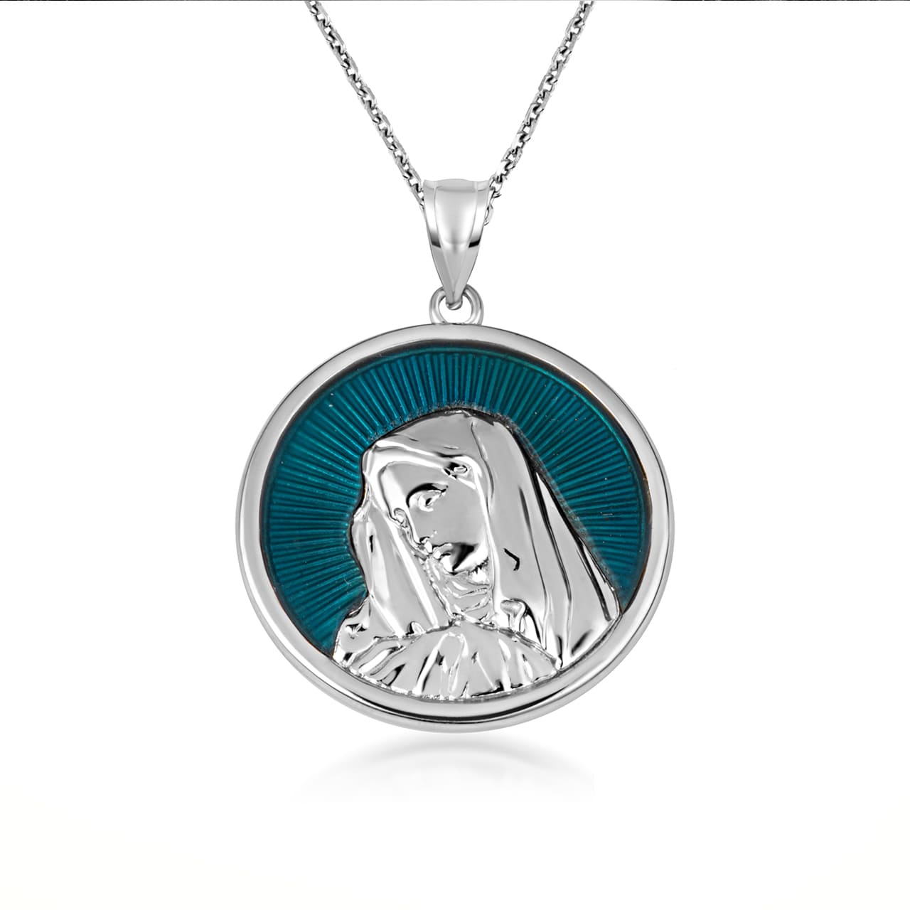 Gold Enamel Virgin Mother Mary Medallion Pendant Necklace, view 9