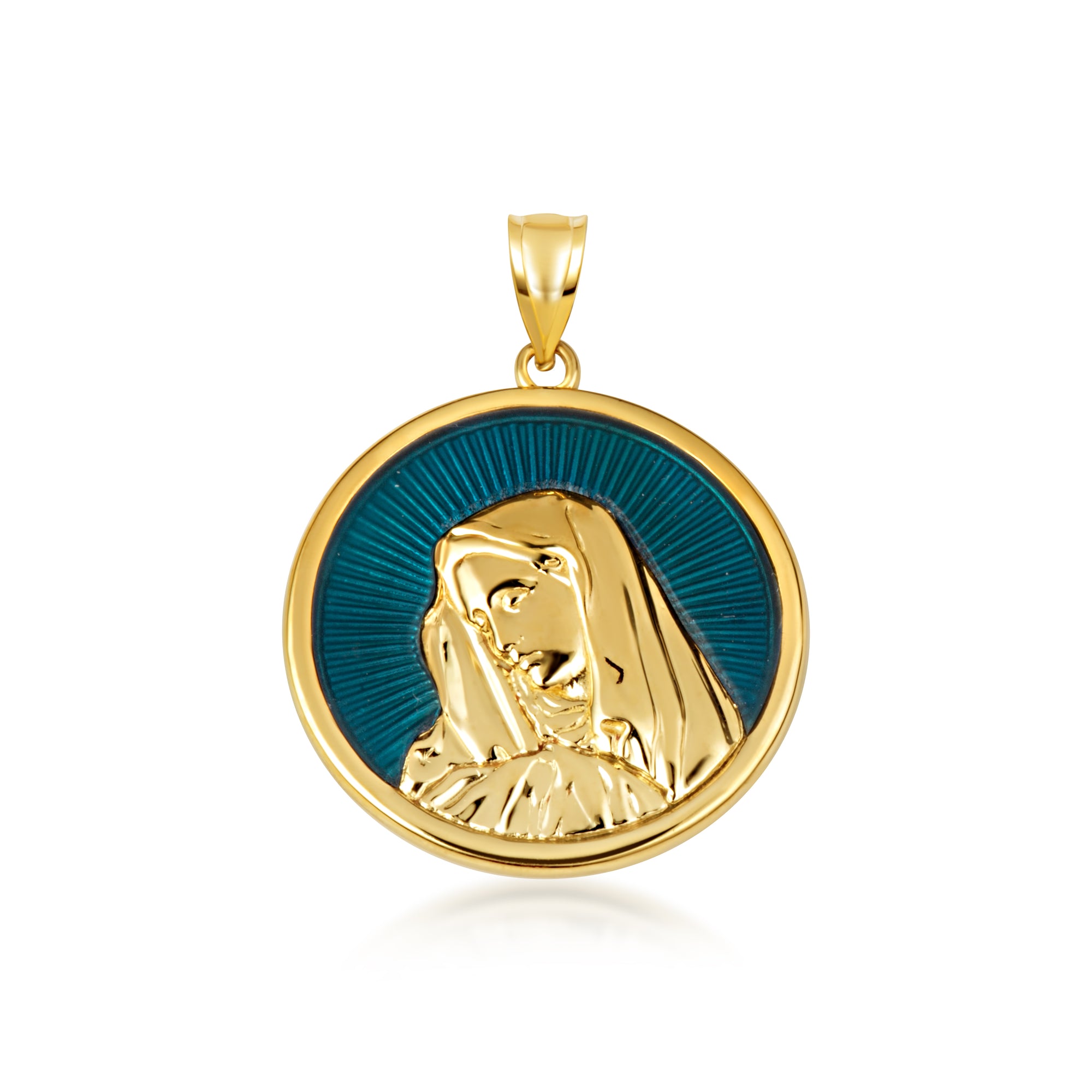 Gold Enamel Virgin Mother Mary Medallion Pendant Necklace, view 10