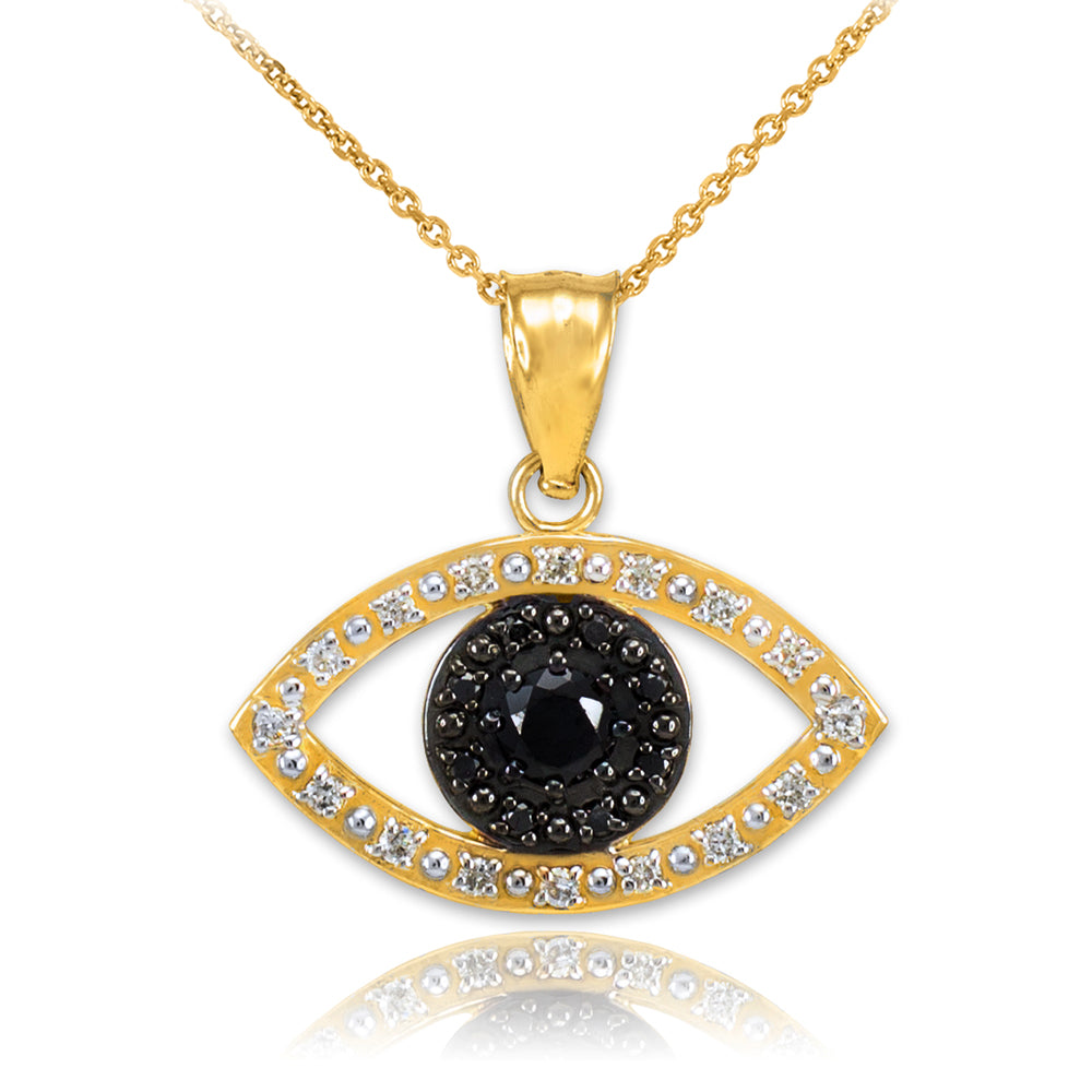 Gold Evil Eye Pendant Necklace with Clear and Black Diamonds