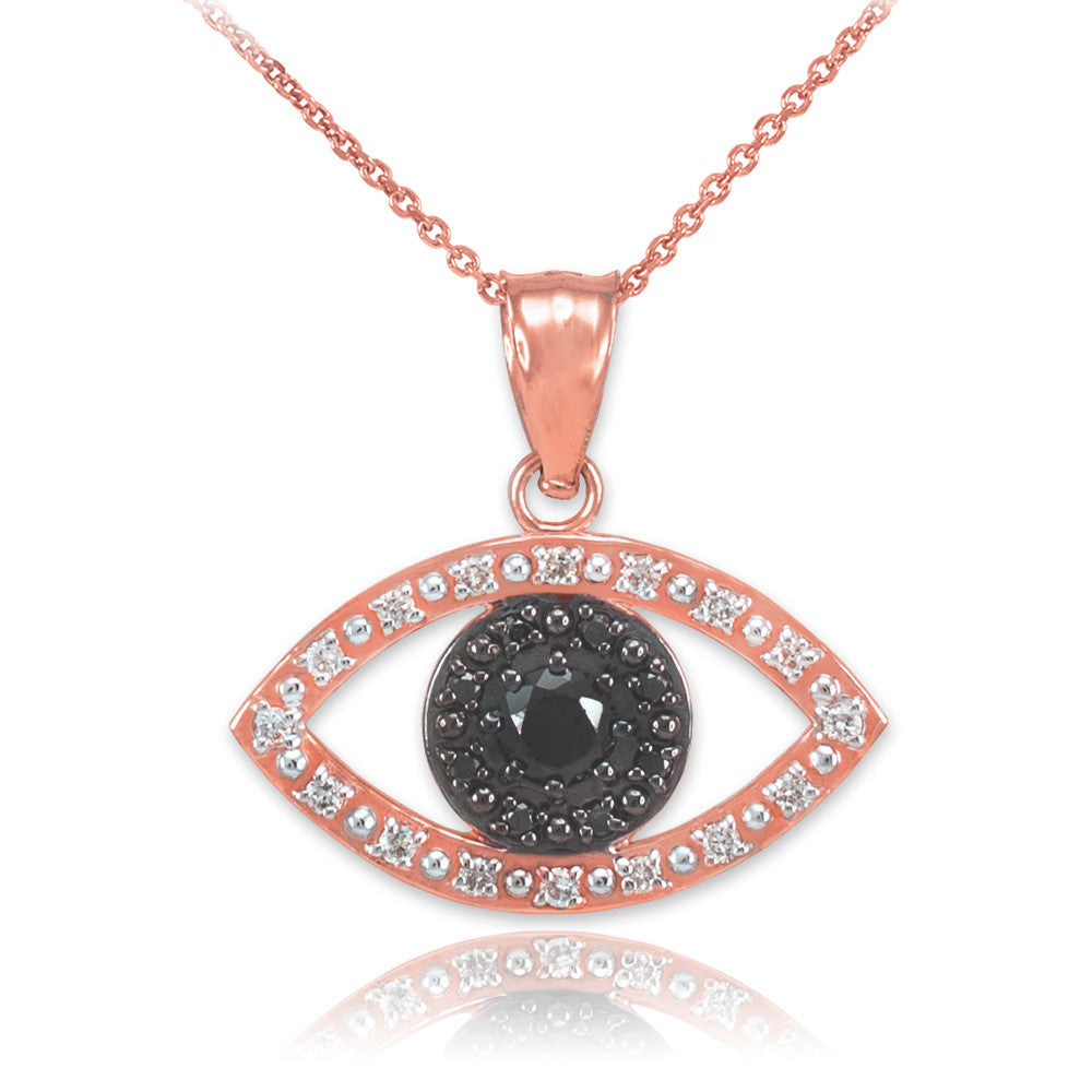 Gold Evil Eye Pendant Necklace with Clear and Black Diamonds, view 2