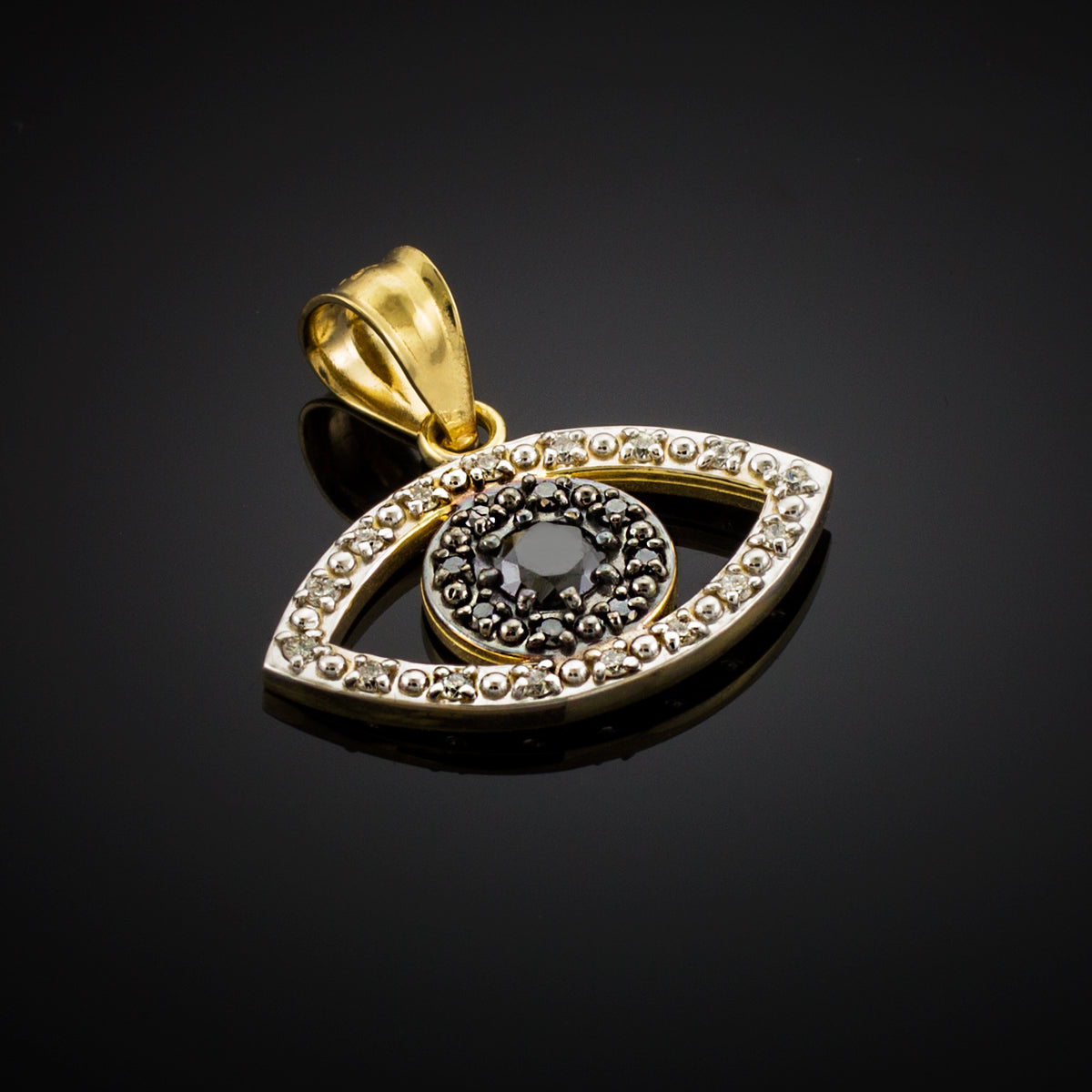 Gold Evil Eye Pendant Necklace with Clear and Black Diamonds, view 6