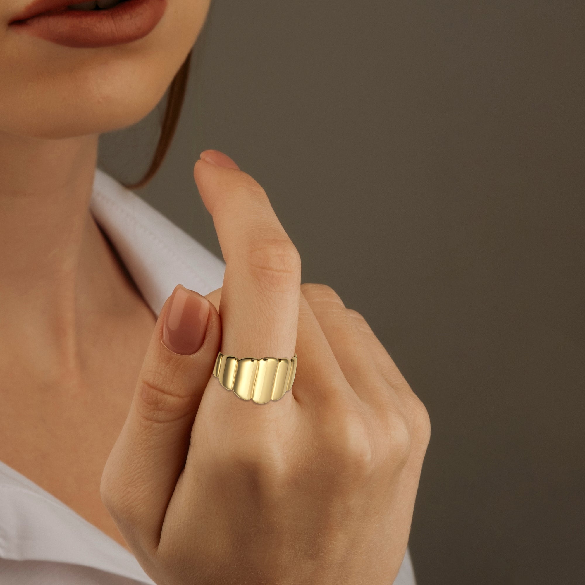 Gold Flat Dome Ribbed Cocktail Party Statement Ring, view 2