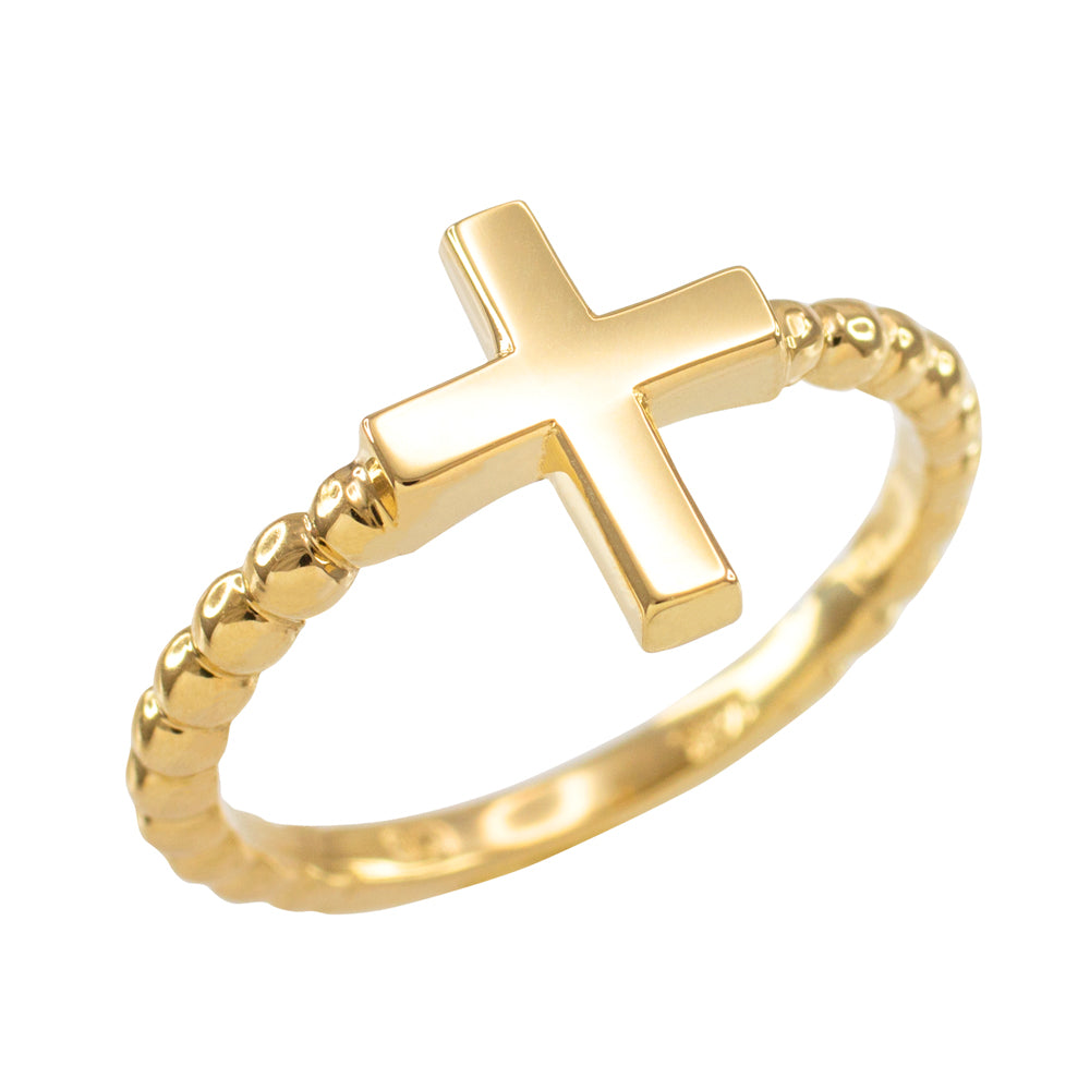 Gold Flat Top Cross Beaded Ring