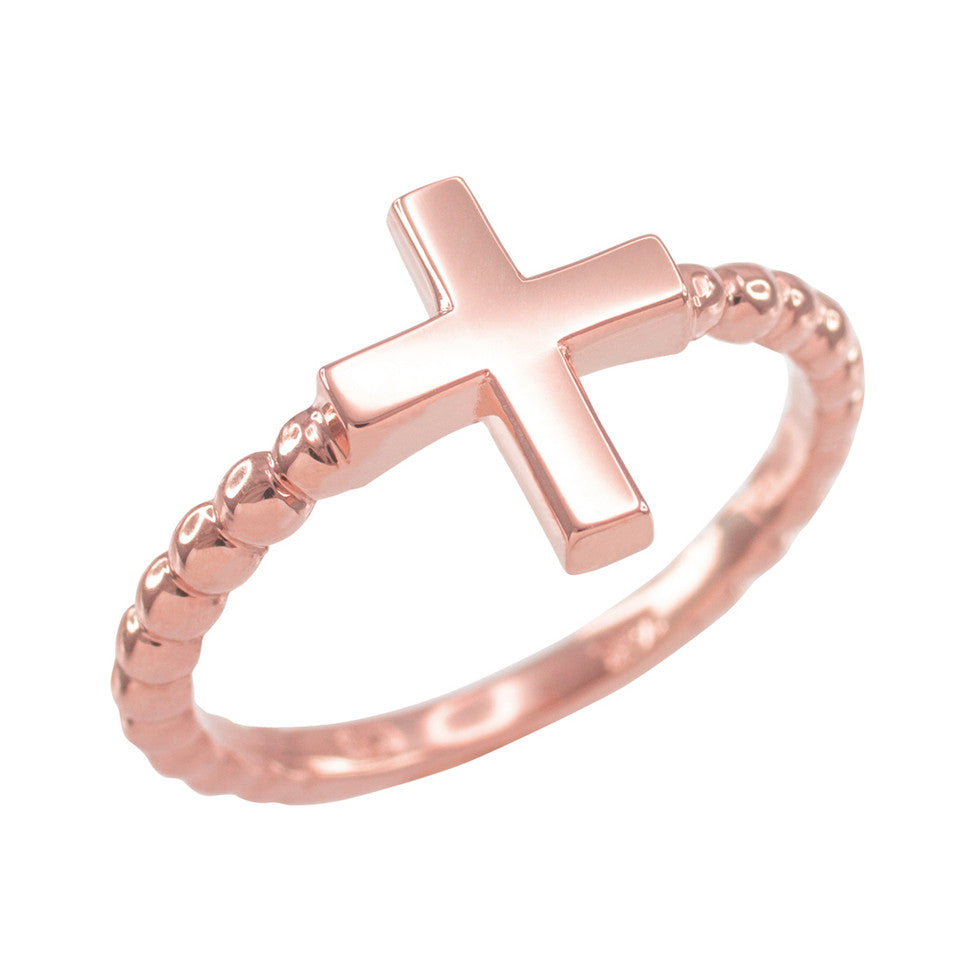 Gold Flat Top Cross Beaded Ring, view 2