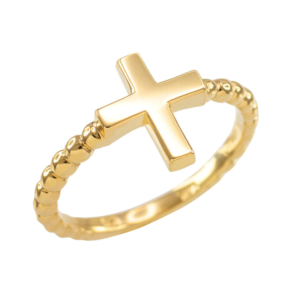 Gold Flat Top Cross Beaded Ring, view 4