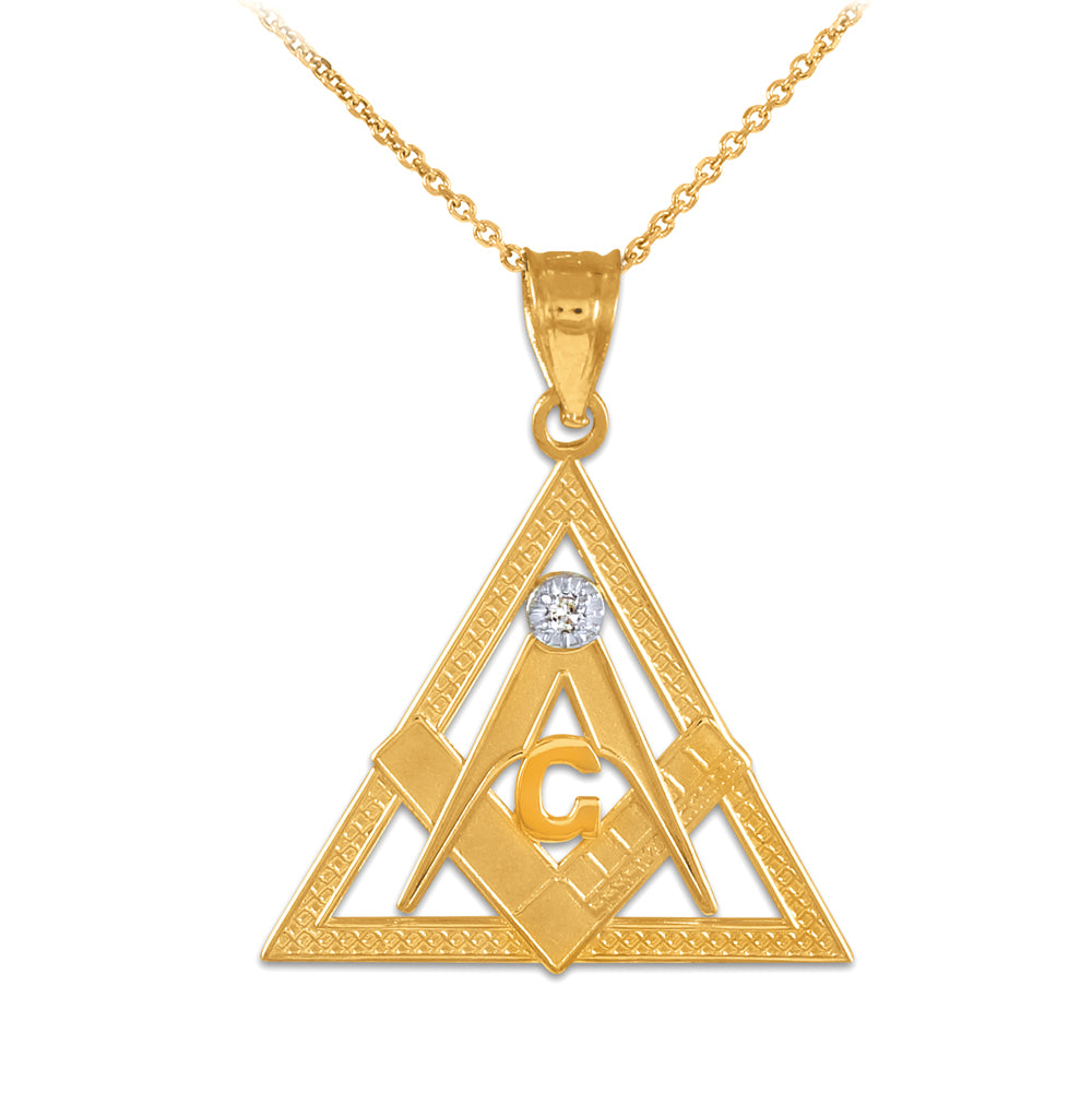 Gold Freemason Square & Compass Eye Of Providence Triangle Pendant Necklace