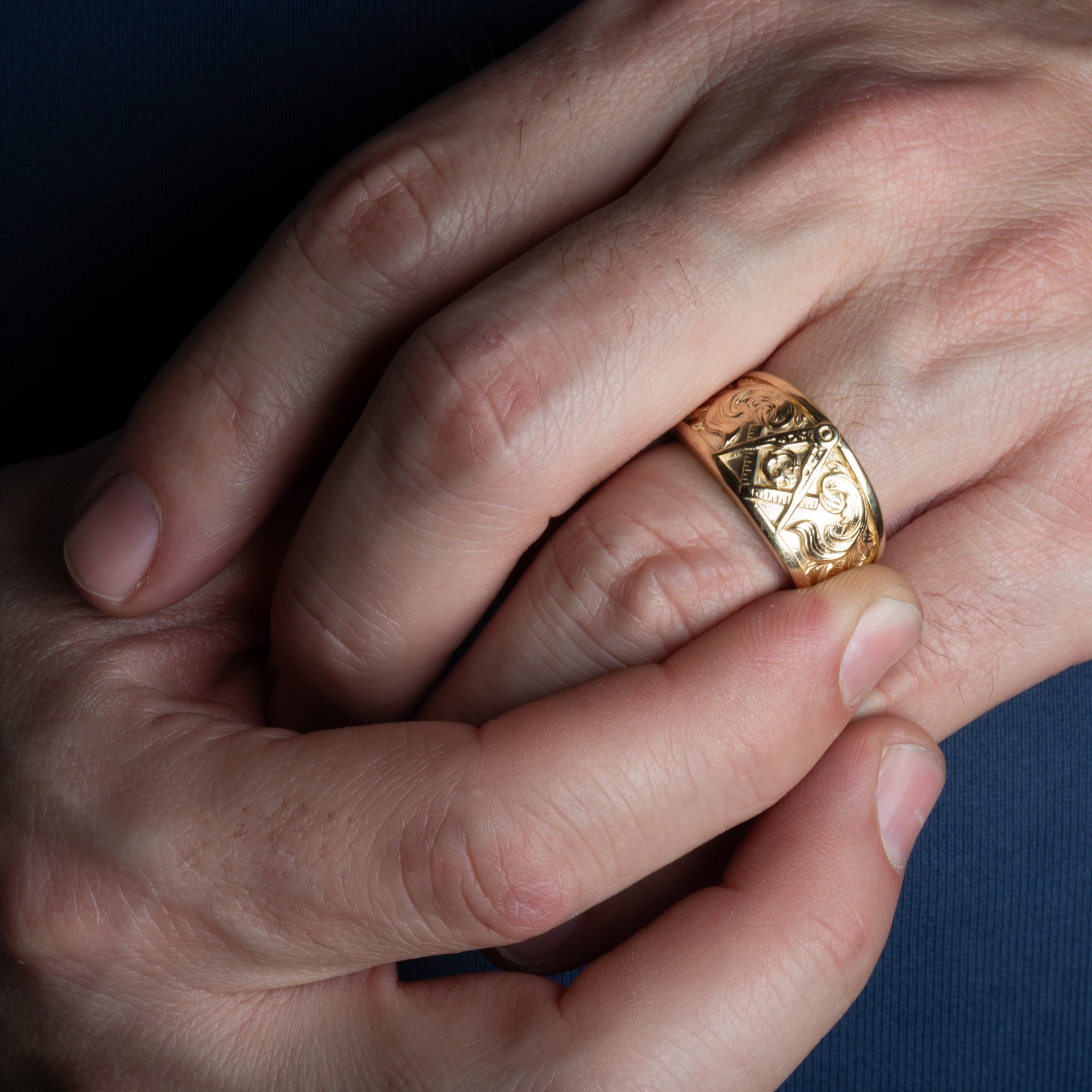 Gold Freemason Square & Compass Filigree Band Ring, view 2