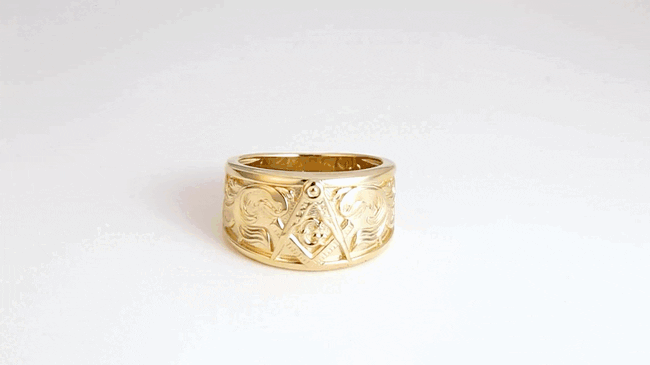Gold Freemason Square & Compass Filigree Band Ring, view 3