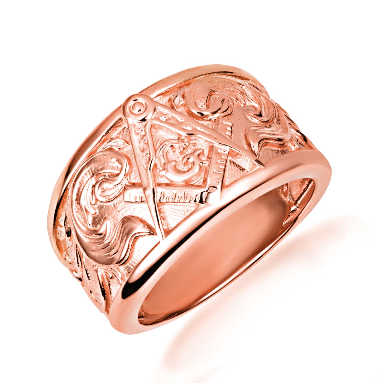 Gold Freemason Square & Compass Filigree Band Ring, view 5
