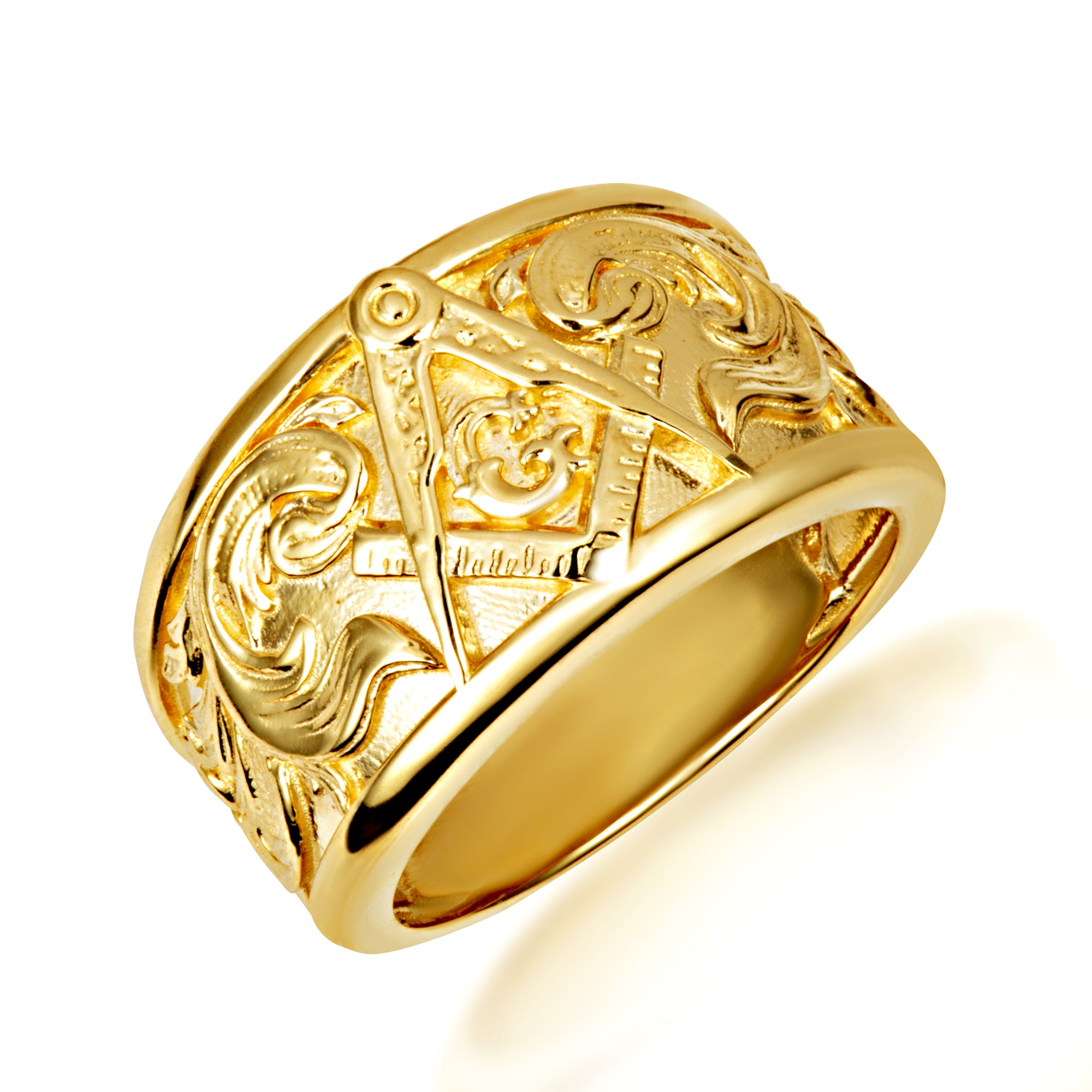 Gold Freemason Square & Compass Filigree Band Ring, view 6