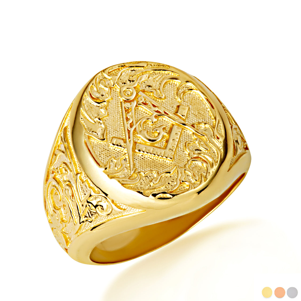Gold Freemason Square & Compass Filigree Oval Signet Ring