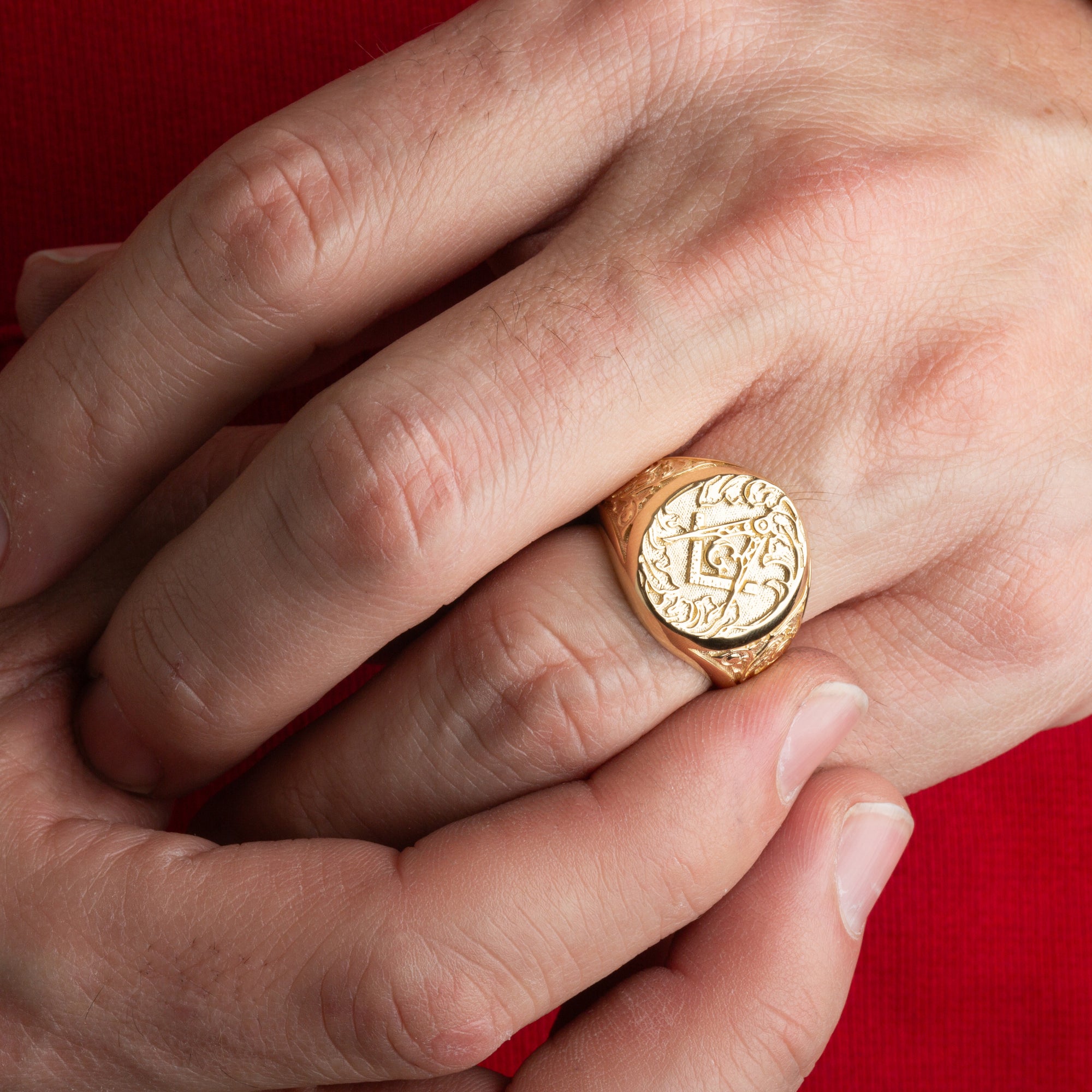 Gold Freemason Square & Compass Filigree Oval Signet Ring, view 2