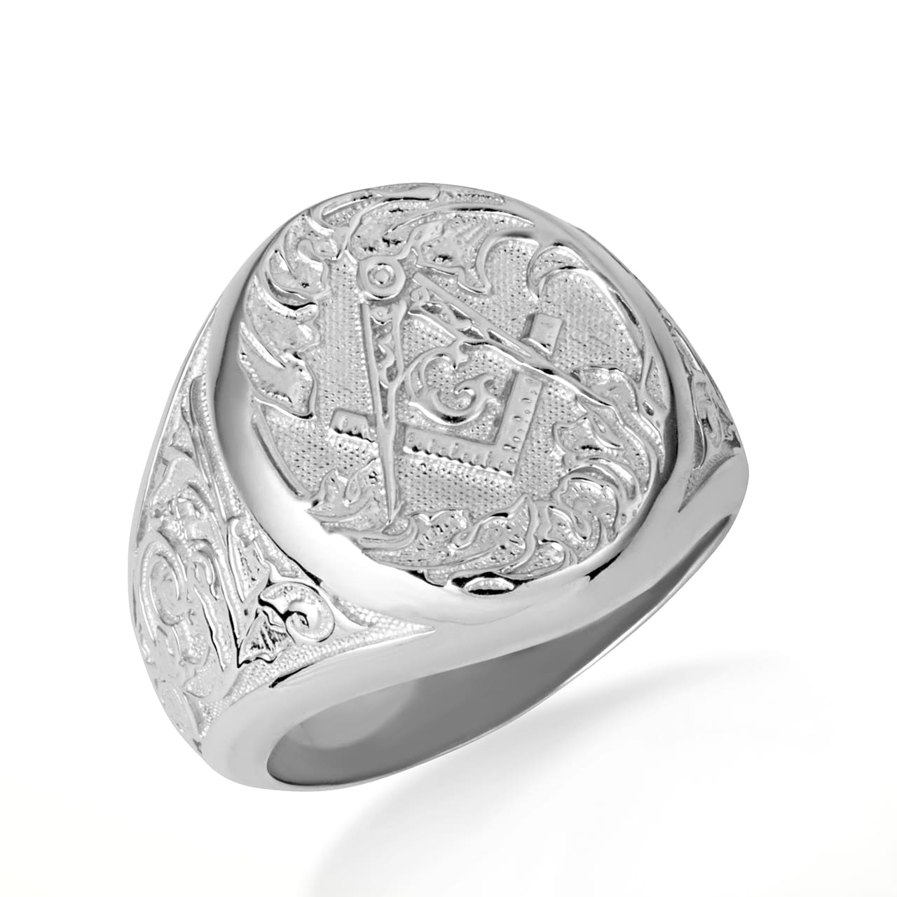 Gold Freemason Square & Compass Filigree Oval Signet Ring, view 3